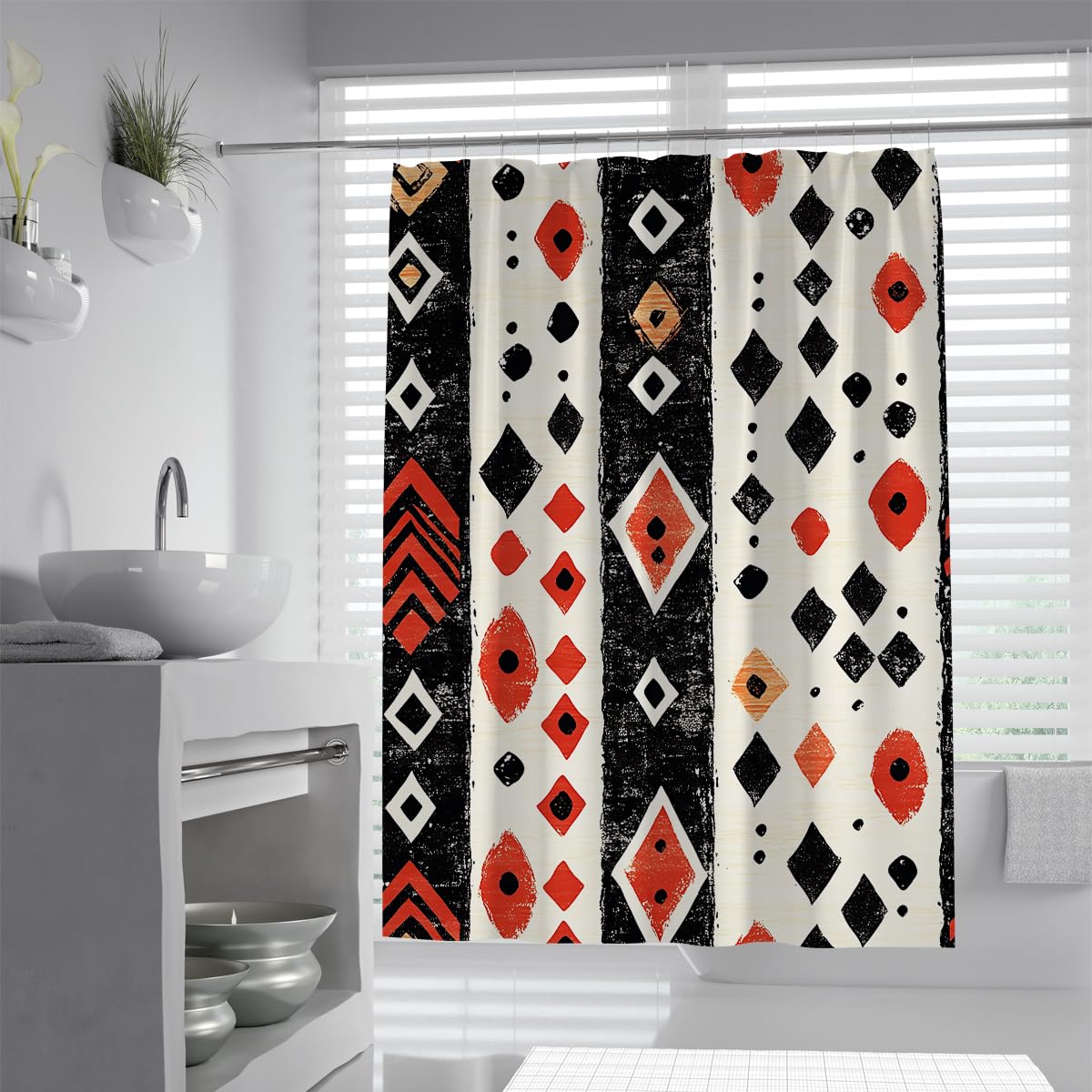 UERWOWELL Boho Tribal Shower Curtain Abstract Stripe Diamond Geometric Print Fabric Bath Curtains Retro Ethnic Style Bathroom Accessories Quick Dry W220xL180 cm