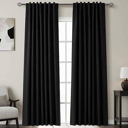 Cortinas opacas de lino color negro, para dormitorio, plisadas, modernas, rústicas, para sala de estar, 84 pulgadas de largo, aislamiento térmico,
