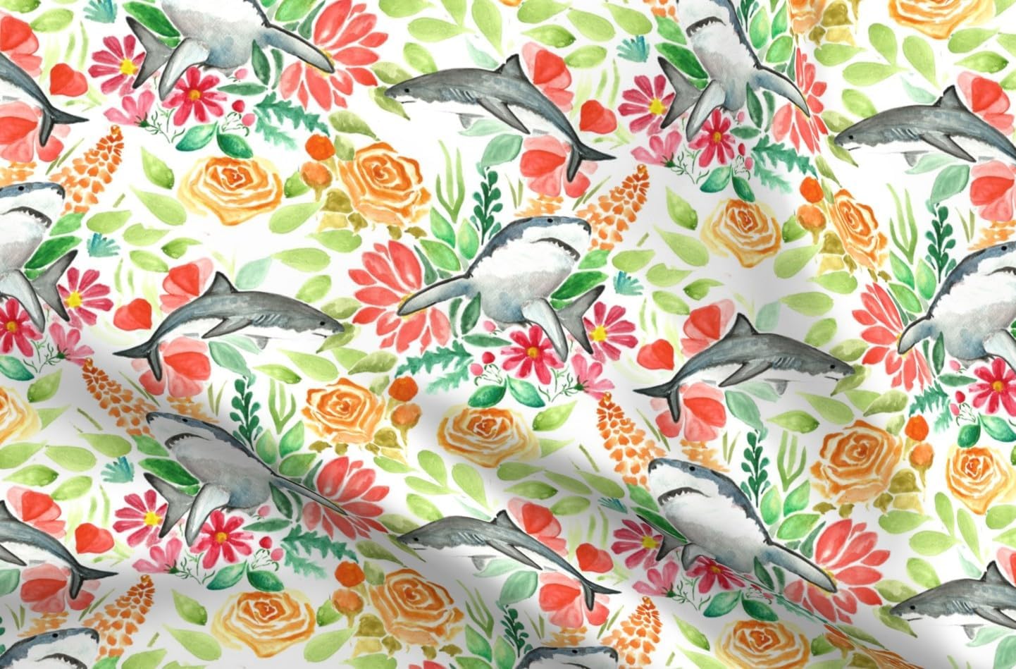Spoonflower Fabric - Floral Shark Hawaiian Orange Red Greed Coastal Beach Nautical Sea Life Printed on Petal Cotton Fabric Fat Quarter - Sewing Quilting Apparel Crafts Decor