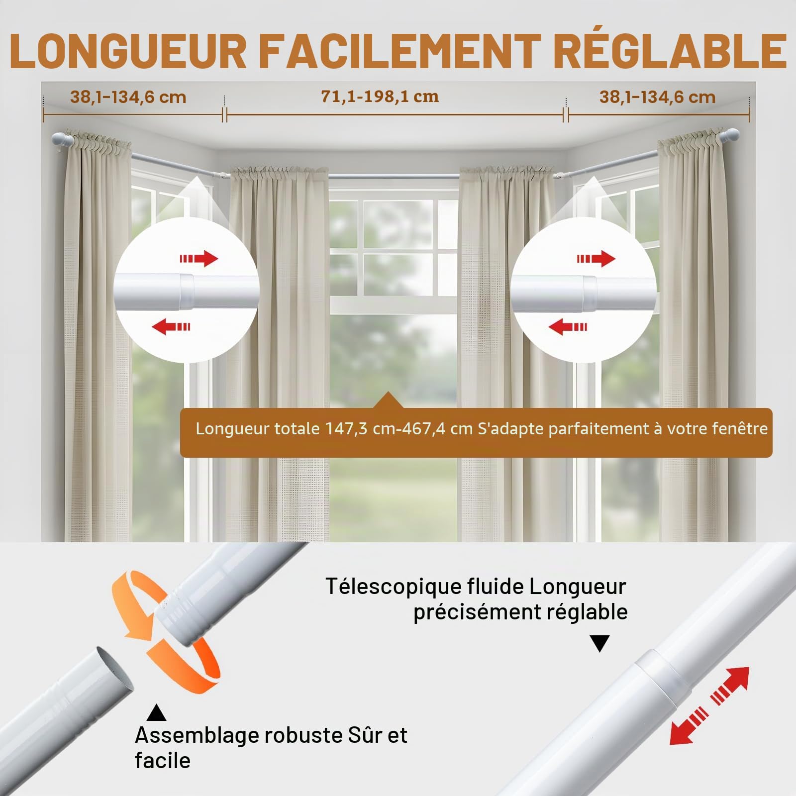 Tringle à rideaux d'angle réglable et robuste en forme de U avec supports pour fenêtres – 91,4 à 406,4 cm – Blanc