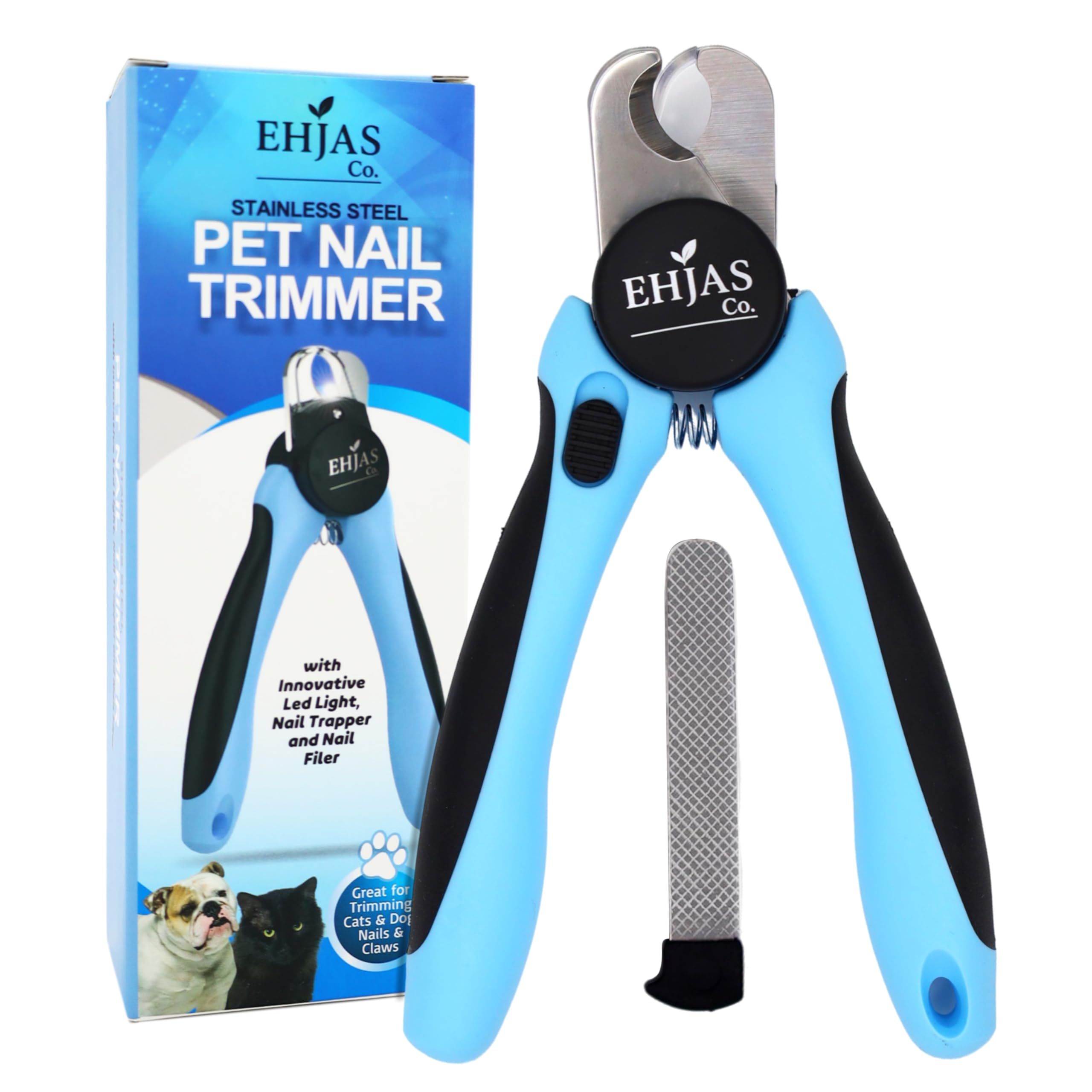 Stainless Steel Pet Nail Trimmer/Clipper with LED Light, Nail Trapper and Filer, Blue, for Dogs and Cats