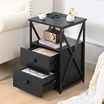 Nightstands Set of 2 with LED, End Tables with Charging Station for Bedroom