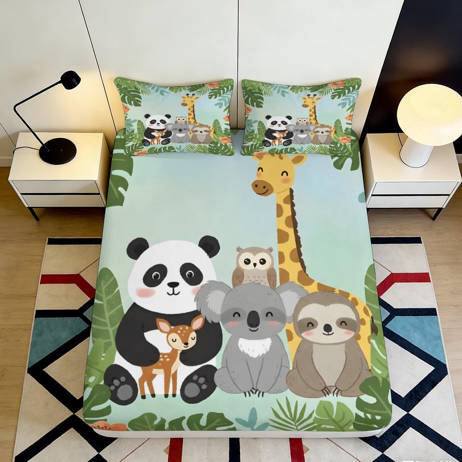 3D Printed Cartoon Panda Fitted Sheet Microfiber Soft Jungle Animal Mattress Cover for Bedroom Guest Room Decor 90x200x25cm