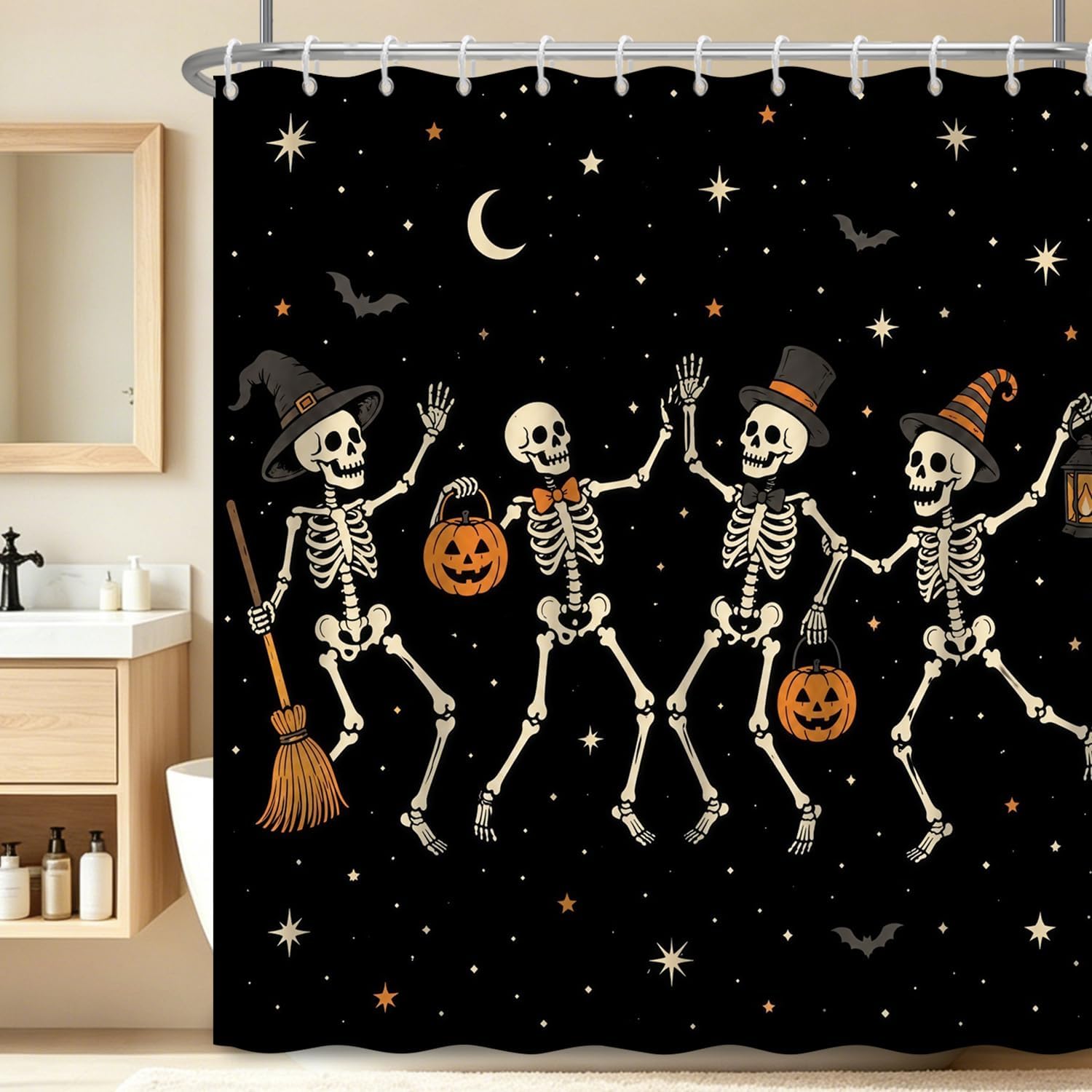 Halloween Shower Curtain, Funny Skeleton Pumpkin Goth Bathroom Decor, 71x74
