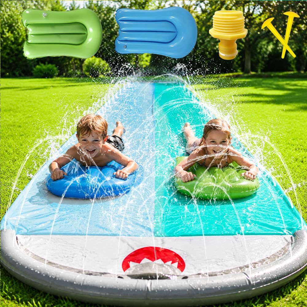 Mineup Water Slide Mat, 15.7ft/480cm Slip and Slide Water Slide with 2 Bodyboards, Double Lane Inflatable Water Slides with Sprinkler, Shark Style for Kids and Adults Summer Garden Water Outdoor Toys