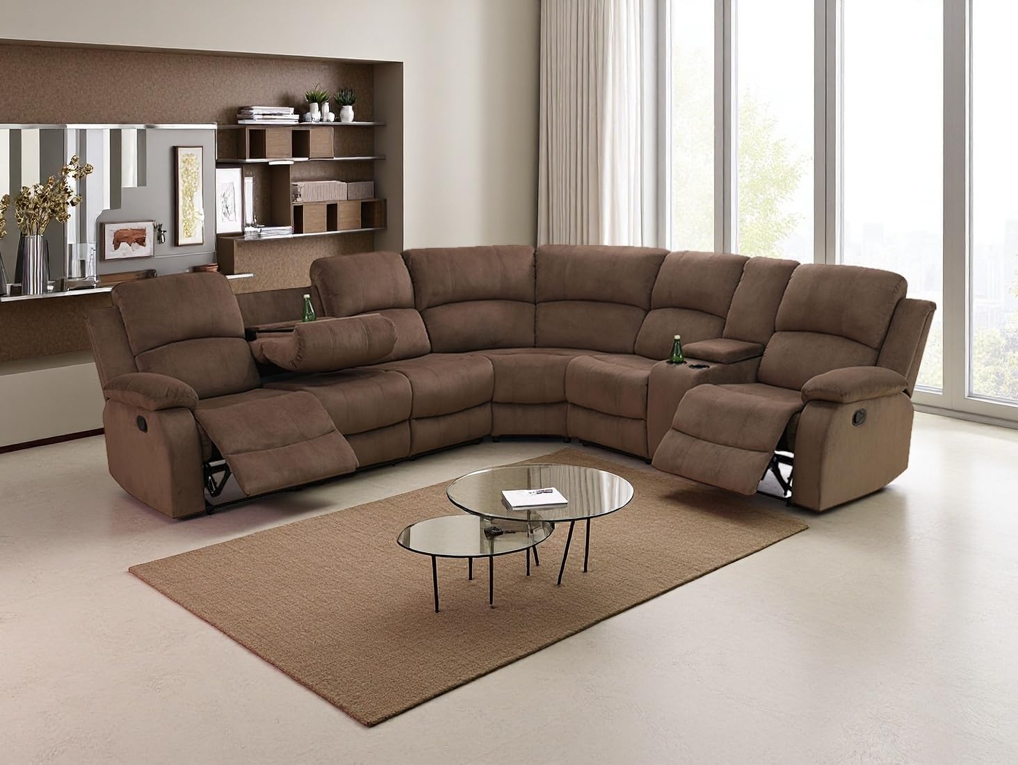 Living Room Furniture Set Corduroy Living Room Recliner Sofa Set with Drop-Down Table, Cup Holders and Storage Console, Sectional Sofa Couch for Bedroom, Apartment, Office (Brown, 3PCS