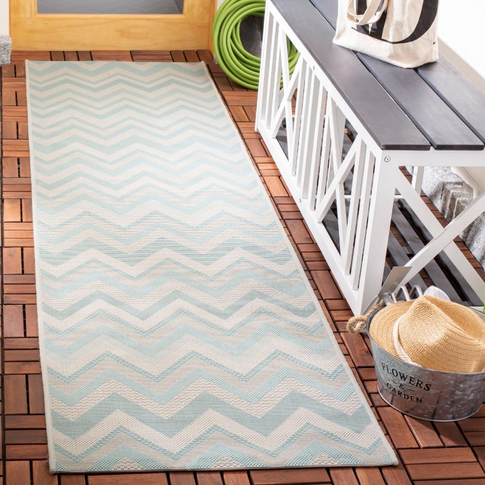 SAFAVIEH Washable Rug Outdoor Courtyard Collection - 2'3" x 12' Runner, Light Grey & Aqua Blue, Non-Shedding & Easy Cleaning, Ideal for Patio, Entryway, Mudroom, Hallway, Kitchen (CY6155-302)