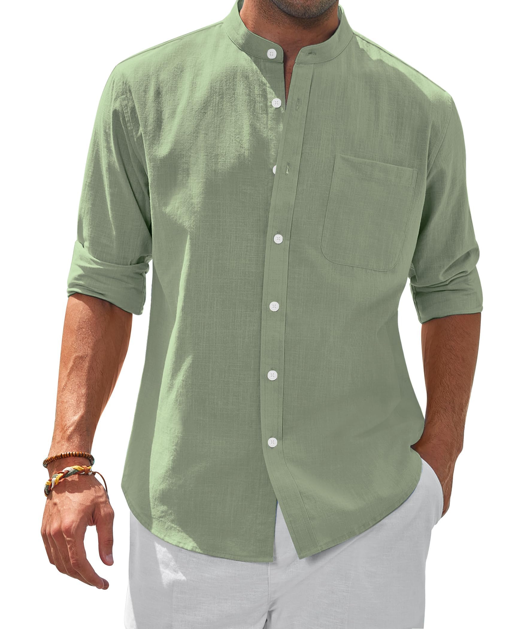 siliteelon Herren Hemd Leinenhemd Langarm Stehkragen Leinenshirt Hemden Herren Freizeithemd Casual Regular Fit Sommer Standhemd
