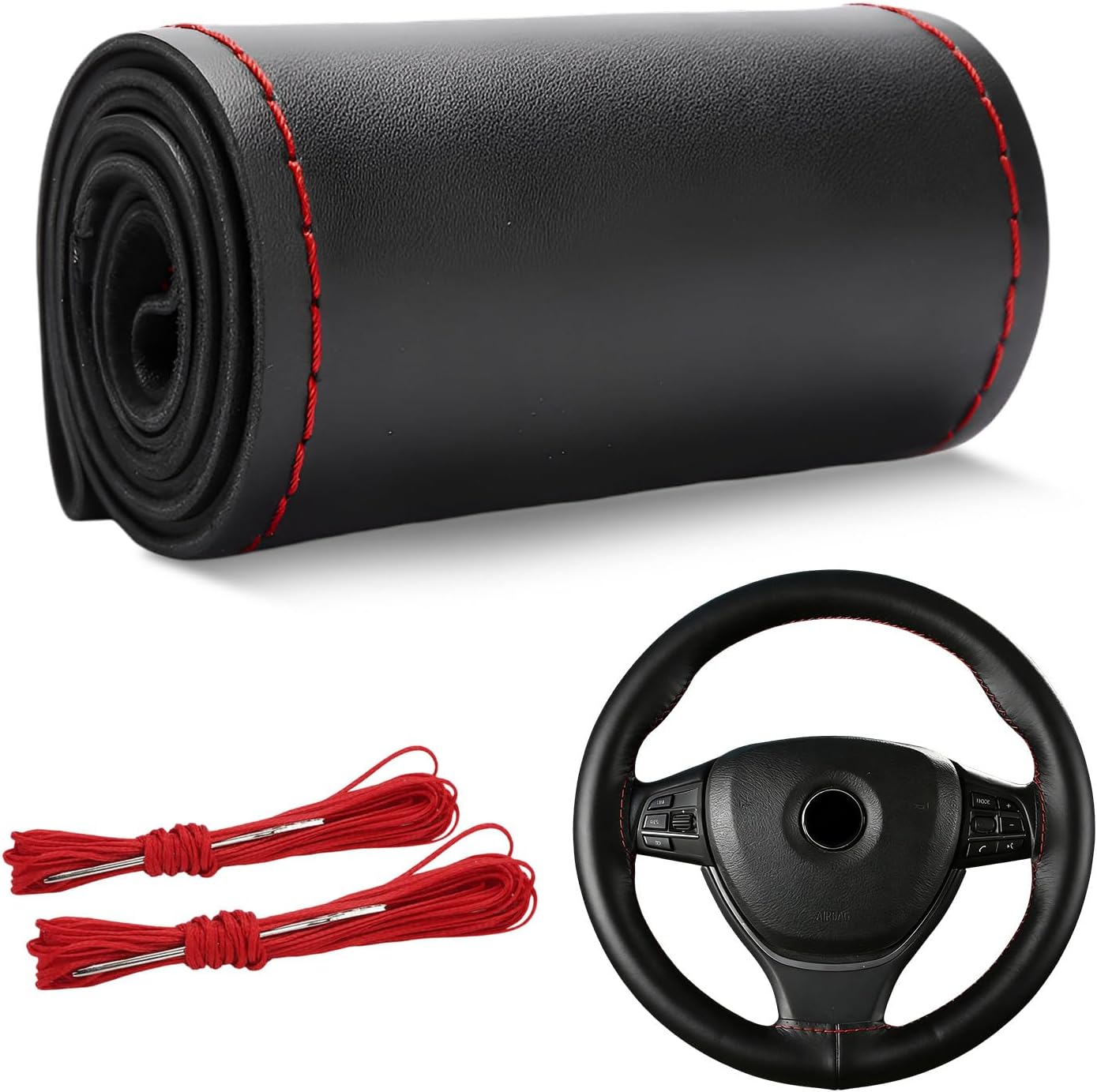 Genuine Leather Steering Wheel Cover, Anti-Slip Leather Steering Wheel Protector with Needles & Threads, 15 Inch Breathable Stitch on Wheel Wrap for Cars Trucks SUVs (Black, Full Hole)