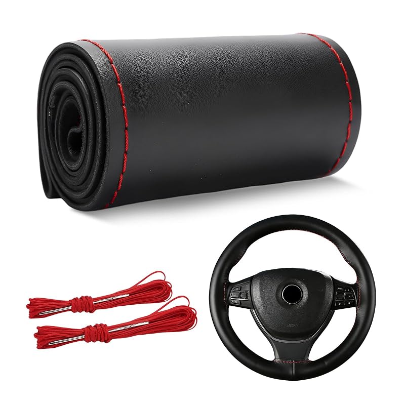 Capa de Couro Genuíno para Volante KAUEGOW com Costura Manual, Antiderrapante, Preta e Vermelha, 36,8–38,1 cm