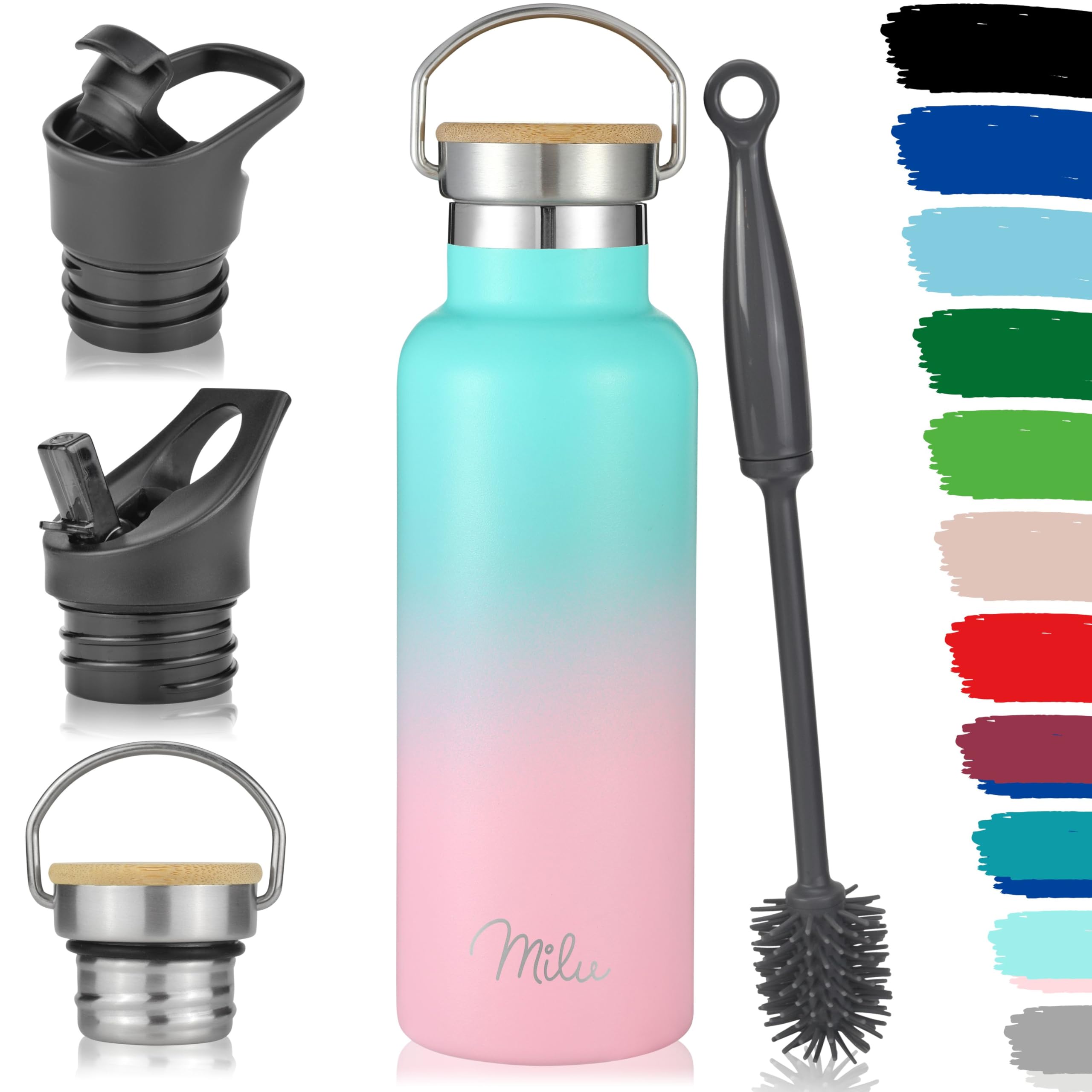 Milu Mint Pink Stainless Steel Drinking Bottle 350Ml, 500Ml, 750Ml, 1L (+3 Lids) - Thermo Bottle With Straw, Water Bottle, For Hot, Cold & Carbonated Drinks (, 500Ml)