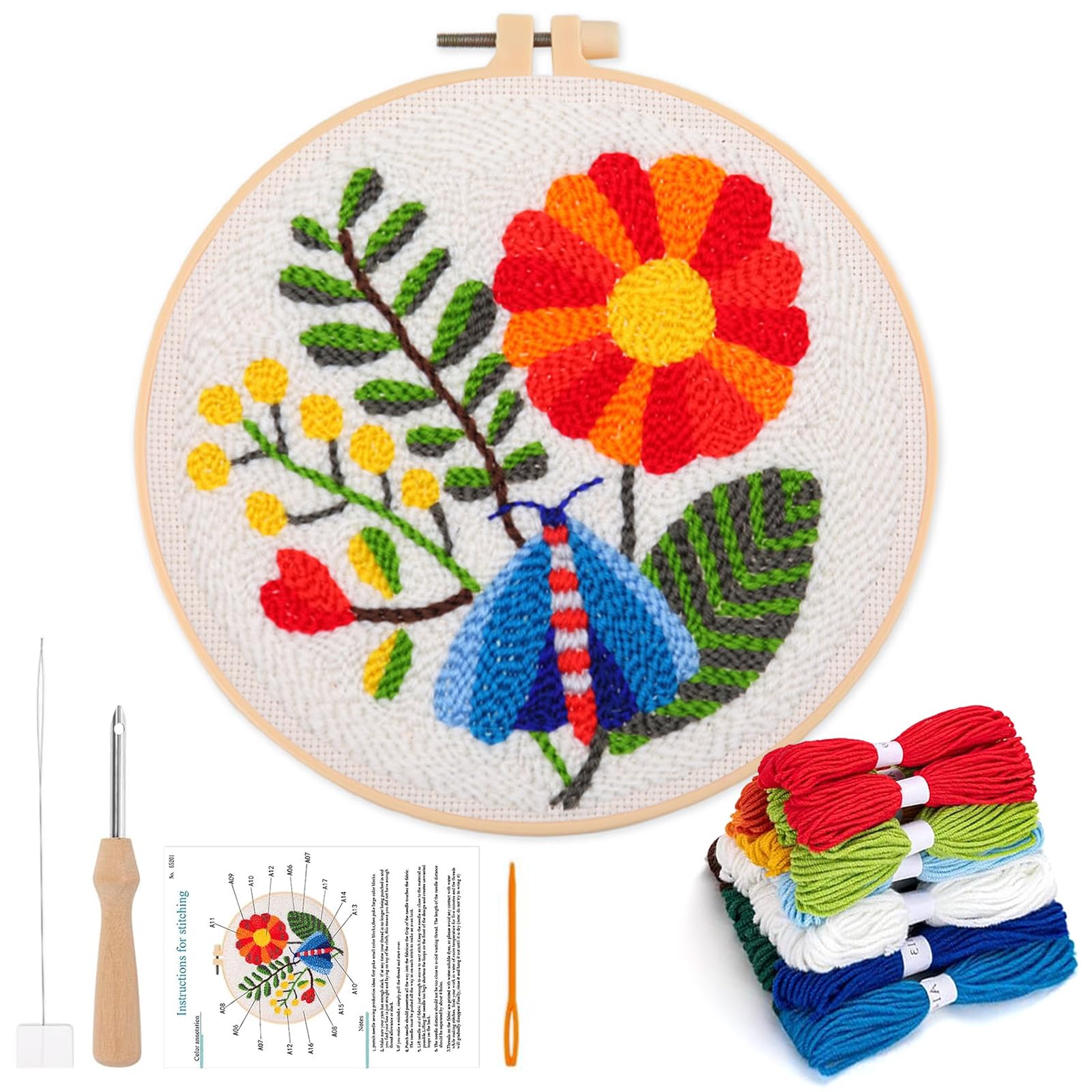 Punch Needle Embroidery Starter Kits, Punch Needle Kit for Beginners, DIY Cross Stitch Rug Beginners Kits with Flower and Insects Pattern, Punch Needles Starter Kit with Cloth Hoops Needles Thread (A)