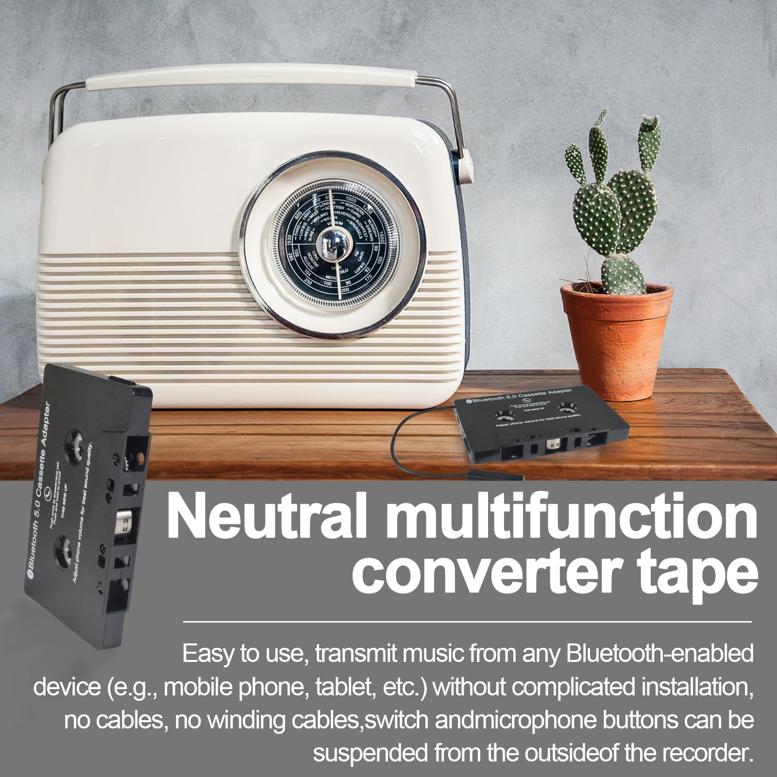 Funmo Adaptateur de Cassette Audio pour Voiture, récepteur de Cassette Bluetooth 5.0, Adaptateur auxiliaire de Cassette Audio pour écouter la Musique du téléphone Portable et la Voix de la Voiture