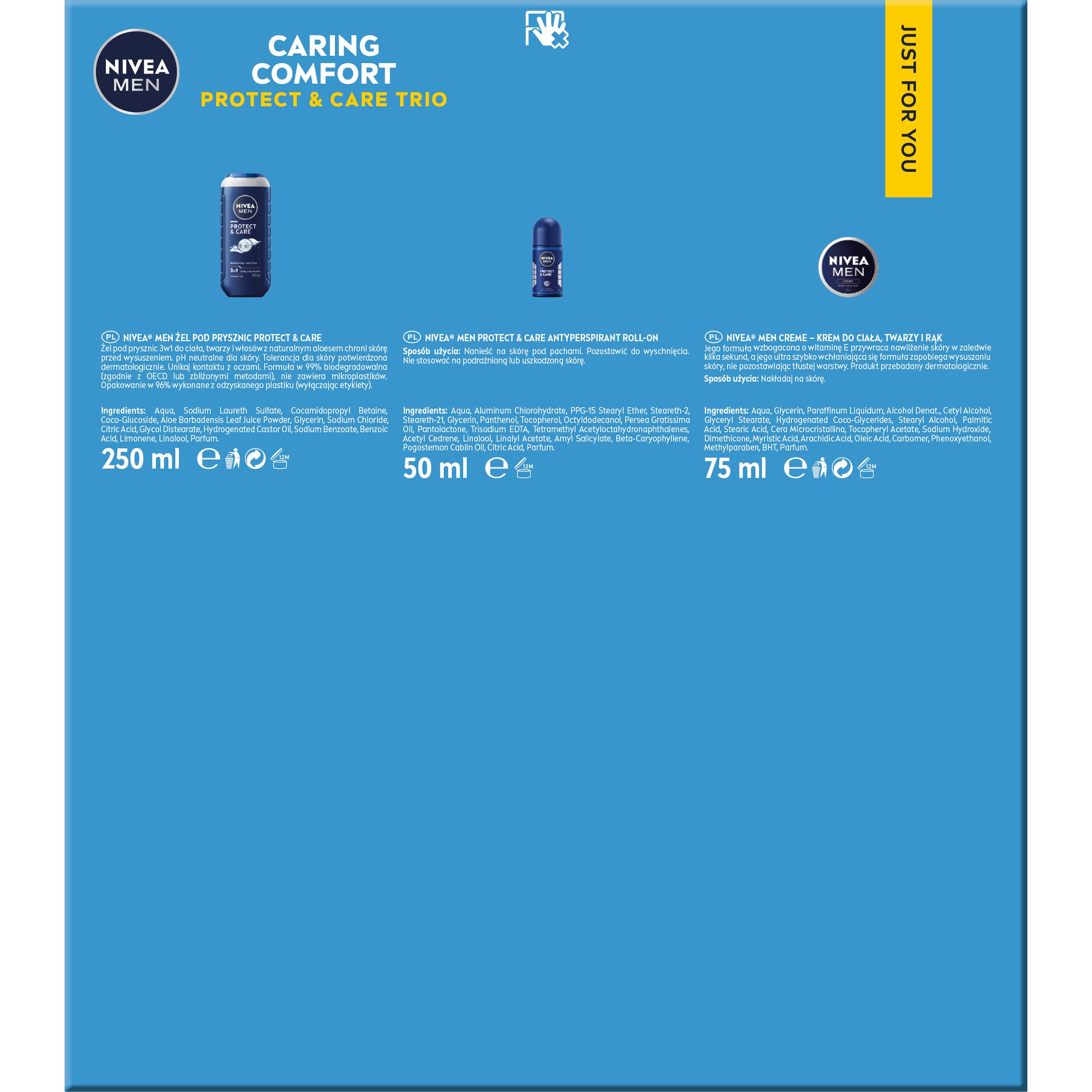 NIVEA MEN Caring Comfort Świąteczny prezent - Zestaw kosmetyków dla mężczyzn do twarzy i ciała: anyperspirant roll on, żel pod prysznic i krem nawilżający Creme