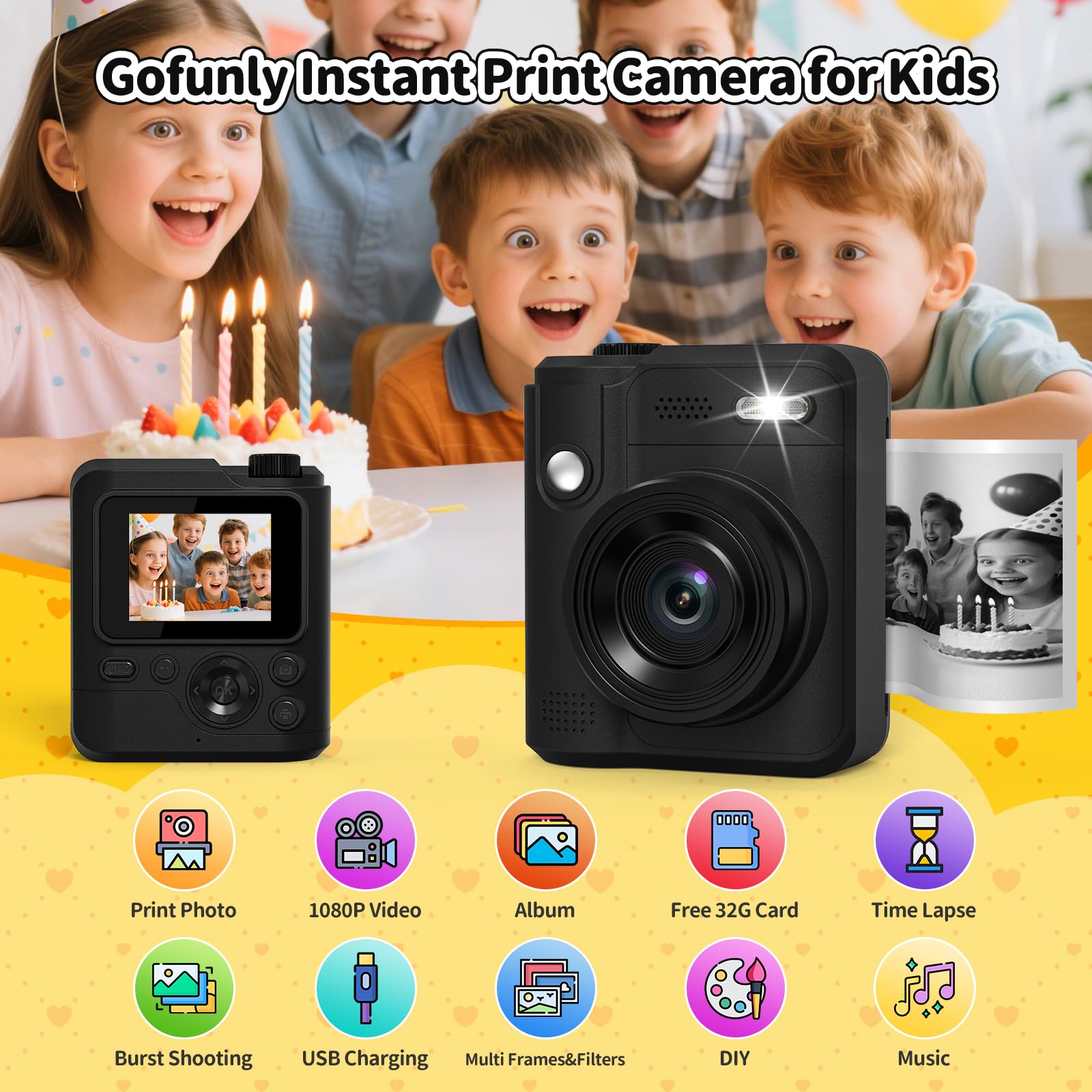 Gofunly Camara Fotos Infantil Instantanea, 2,0" 1080P Camara Fotos Infantil con Tarjeta de 32GB y Papel Fotografia, Juguete Cámara Instantánea Regalos para Niños y Niñas de 3-12 Años (Negro) — view 2