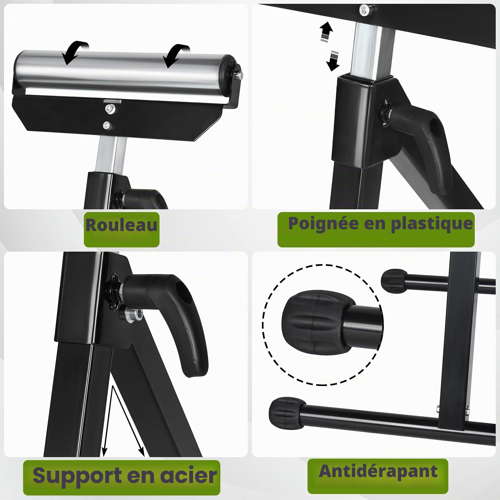 Froadp Lot de 2 tréteaux roulants en acier 68-108 cm - Réglables en hauteur - Pieds antidérapants - Pliables - Support de rouleau - Établi - Outils d'extension - Support de capacité 60 kg par pièce