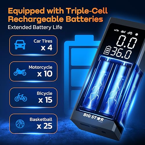Miniatura 8 de Big Star - Compresor de aire portátil para neumáticos, bomba de aire para neumáticos de automóvil, bomba de neumáticos de 150 PSI y 25000 mAh con