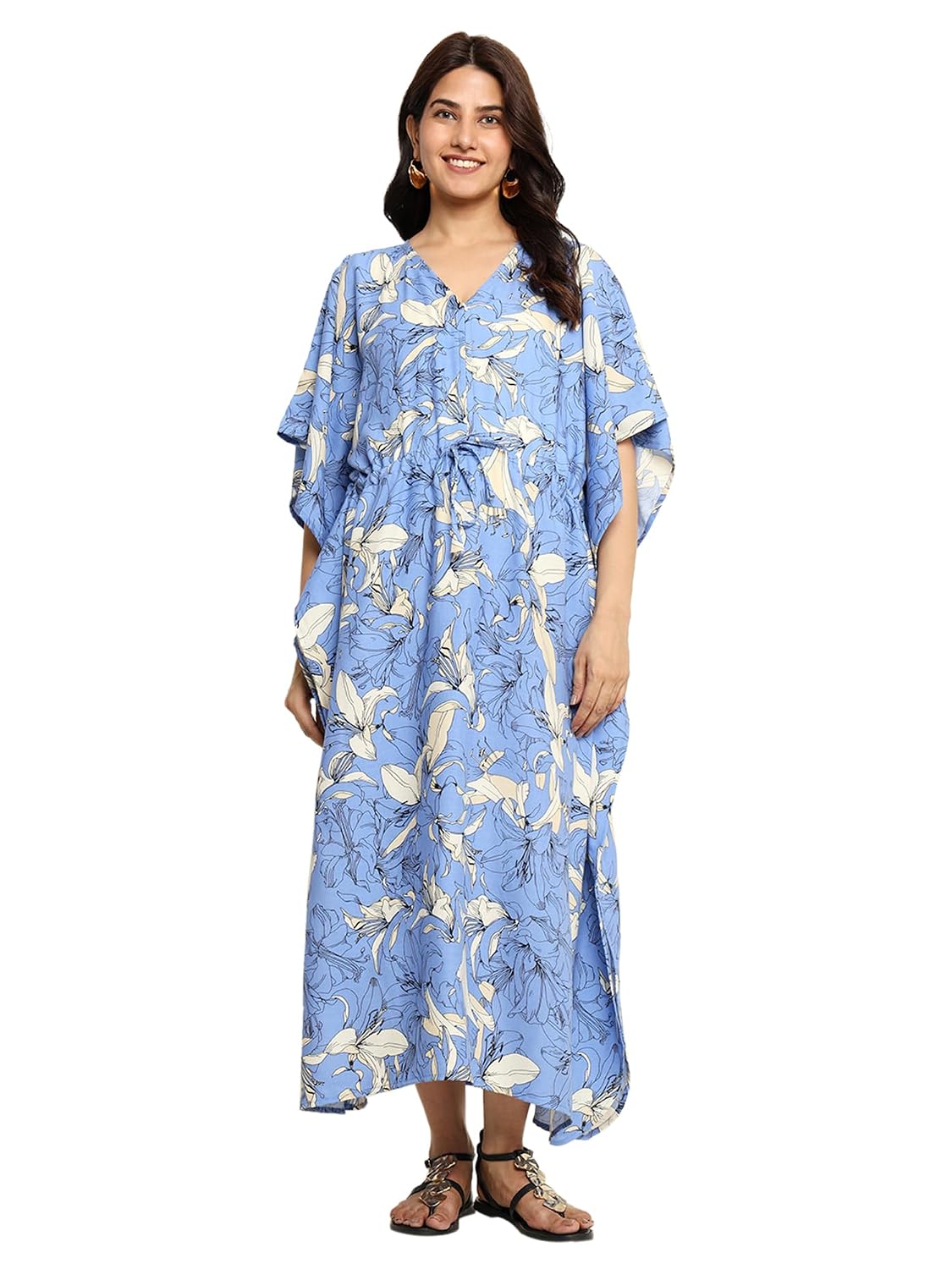 CRAFTBAZAR Women Rayon Sky Blue Printed Feeding MaternityKaftan Nighty.