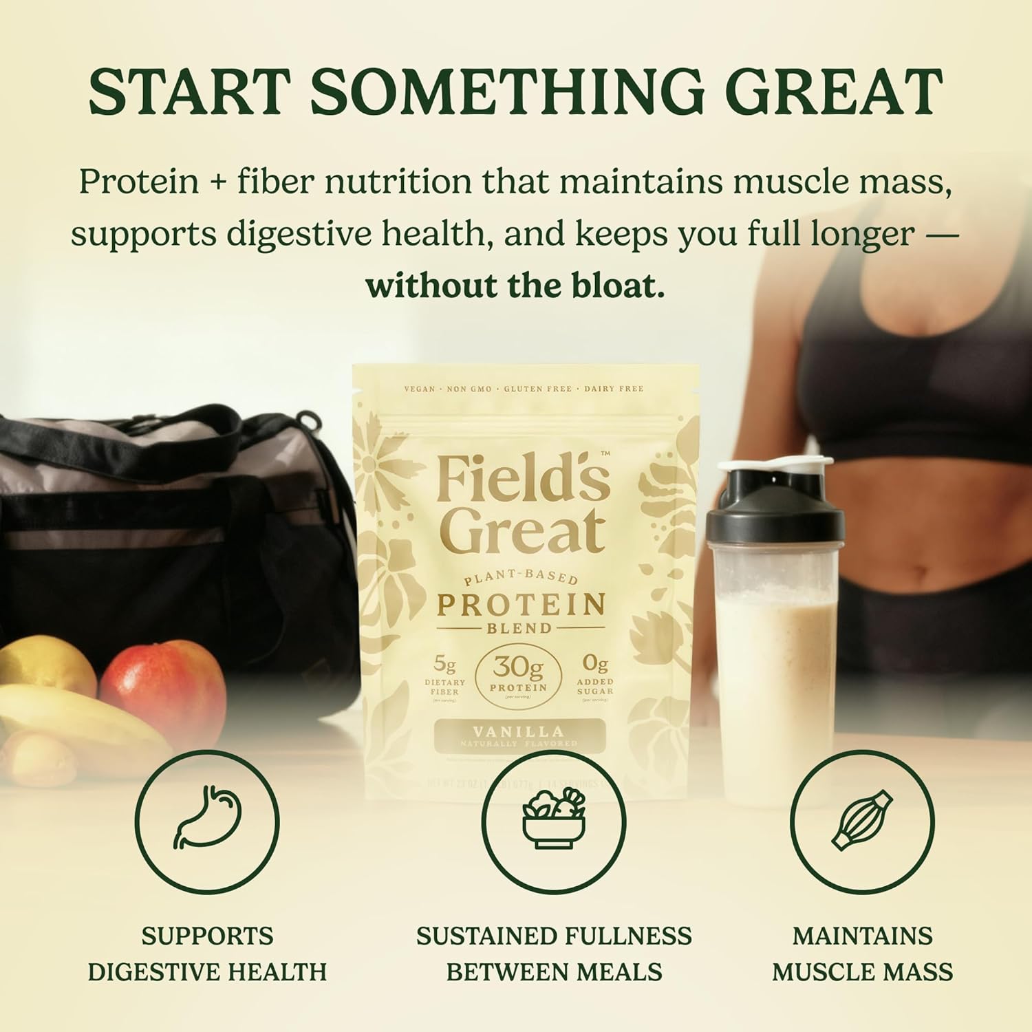 Field's Great All-in-One Plant-Based Vanilla Protein Shake Powder – Healthy Aging, 30g Protein, 5g Fiber + Probiotics, Gut-Friendly, Blood Sugar & Muscle Support, Vegan Meal Replacement, GLP1, 23oz