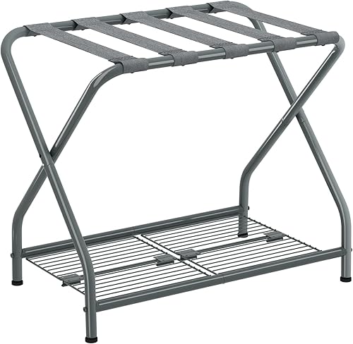Miniatura 11 de Portaequipajes, juego de 2, soporte para maleta con estante de almacenamiento, soporte de equipaje plegable de metal para habitación de invitados,