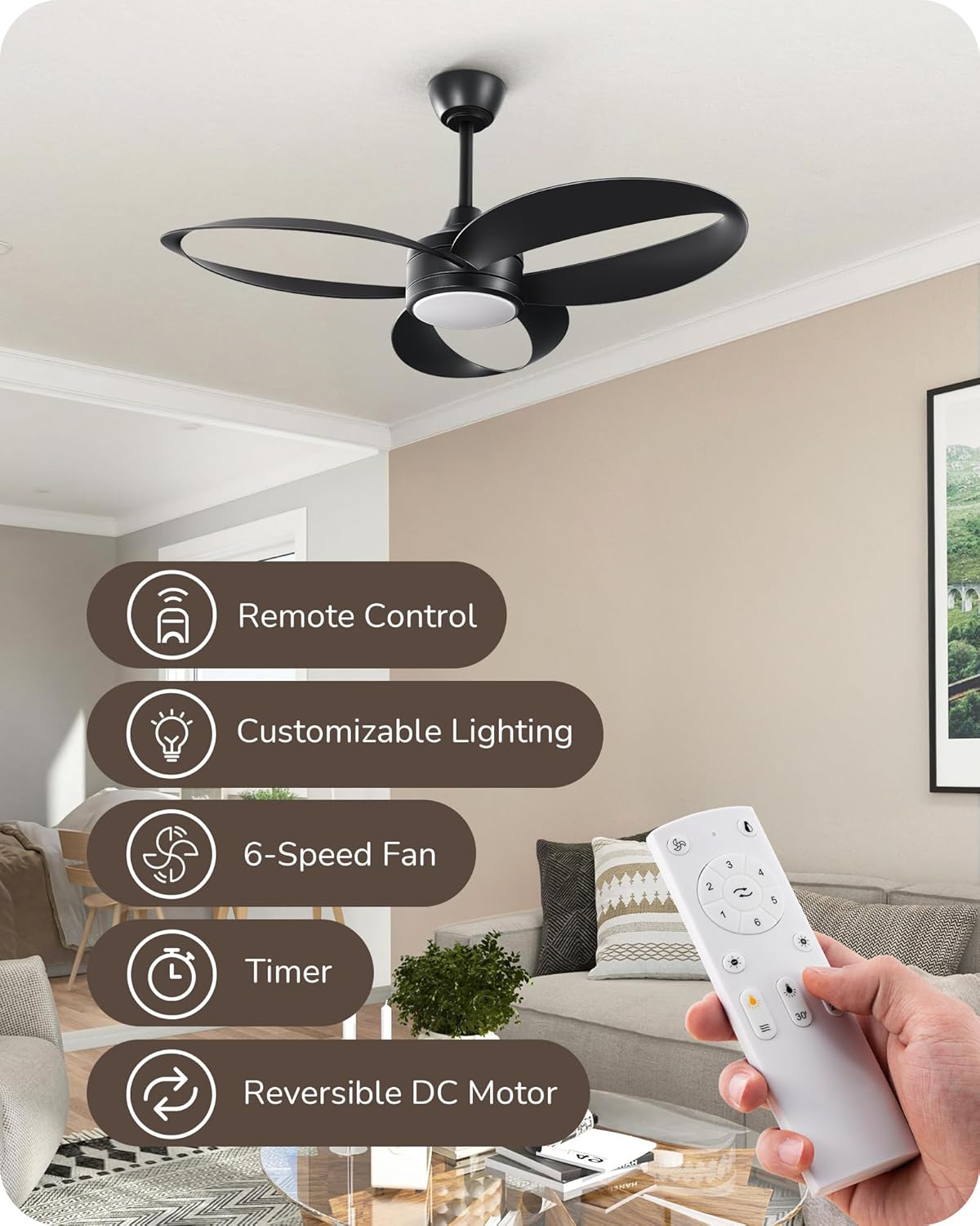 EDISHINE 42" Unique Black Ceiling Fans with Lights, 3 Looped Blades, Remote Control, Quiet DC Motor, 3CCT Dimmable, 6 Speeds, Reversible, Indoor Modern Ceiling Fan for Bedroom, Kids Room, Living Room