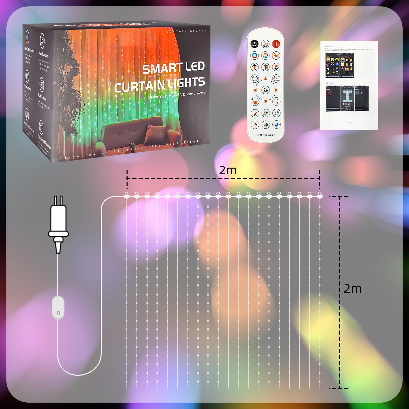 Rideau de lumières LED, 2x2m, 400 LEDs, RGBW avec IC, guirlandes lumineuses, connexion Bluetooth, rideau lumineux DIY, rideau LED intelligent, 210 modes pour salon, chambre, fêtes et
