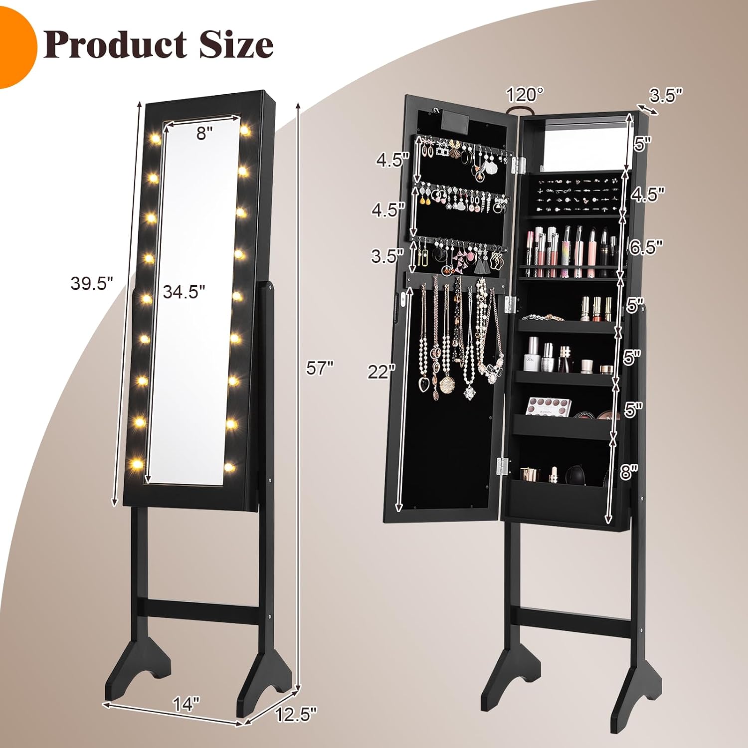 LOKO Jewelry Armoire with 18 LED Lights, Freestanding Jewelry Organizer with Full-length Mirror, Large Storage Mirrored Jewelry Cabinet with 16 Lipstick Holders, for Bedroom, Dressing Room (Black)