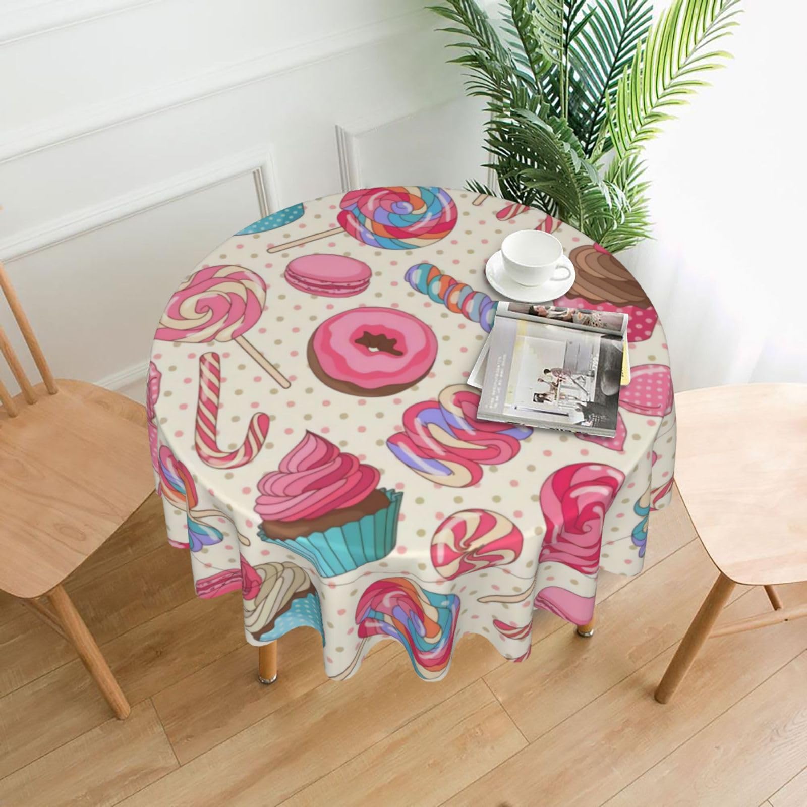 YYHWHJDE Colorful Sweet Lollipop Cupcake Donut Prints Round Decorative Tablecloth 60in – Elevate Your Dining Space with this Elegant Throw for Everyday Charm & Special Occasions