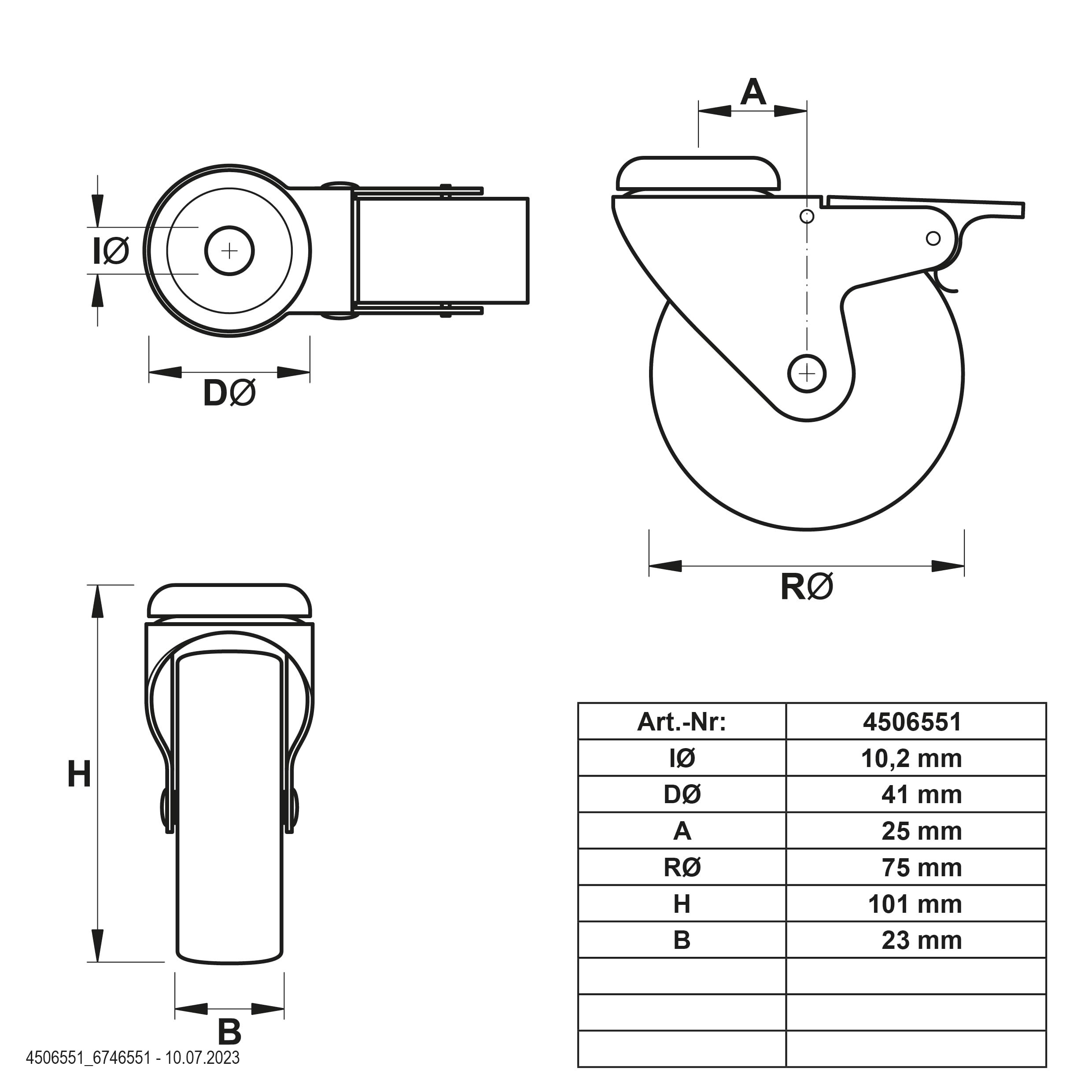 Dörner + Helmer 4er Set Design-Rollen 75 mm Polyurethan (PU) mit Rückenloch, Rollenmix, Tragkraft 150 kg/Set