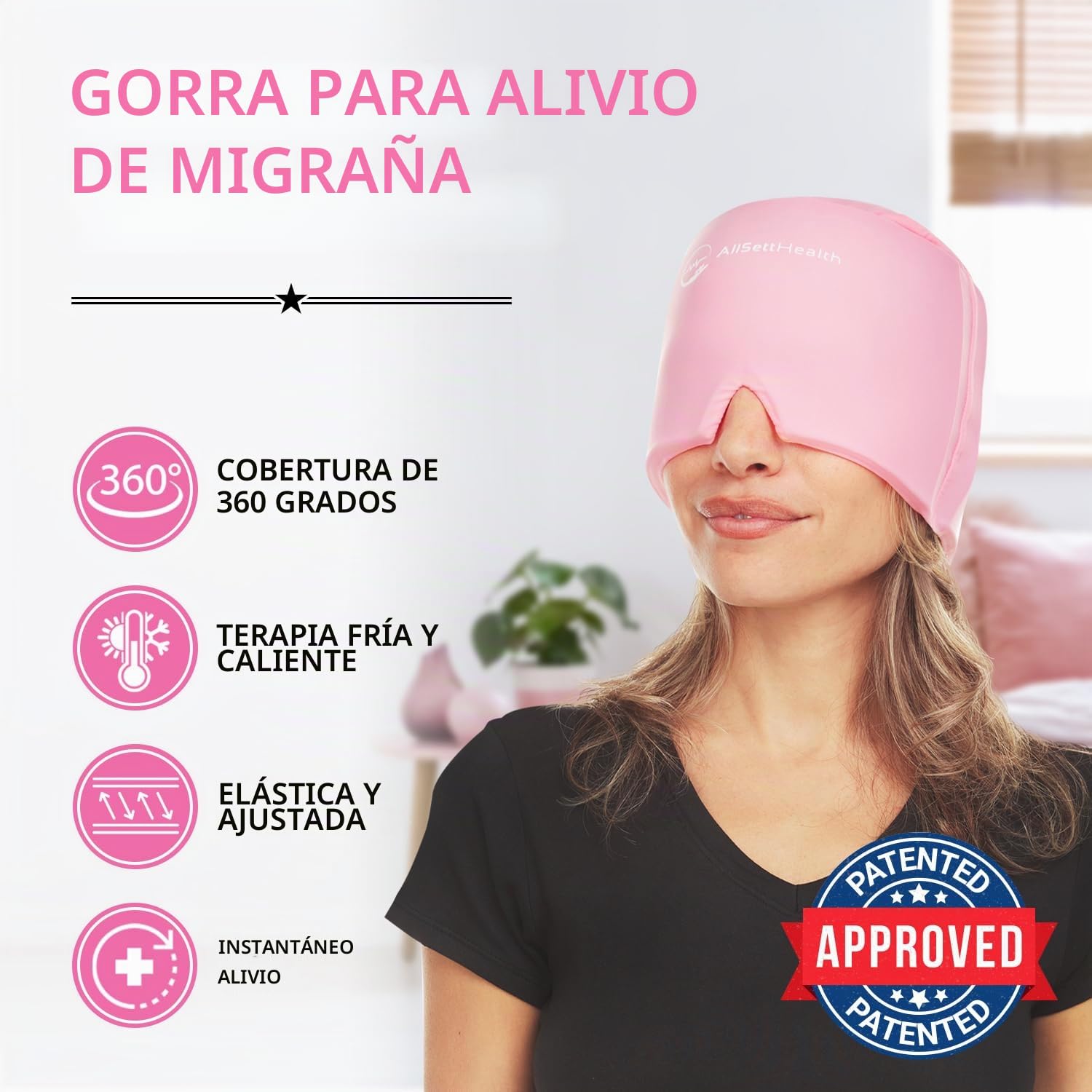 AllSett Health Alivio de la migraña, envoltura de cabeza de hielo para el dolor de cabeza y migraña, paquete de hielo de gel frío con máscara facial y de ojos para enfriar la migraña, alivio del dolor