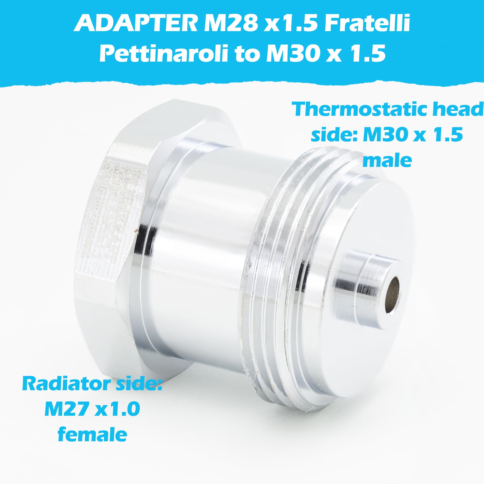 BLUMKRAFT Metal adapter Compatible with Fratelli Pettinaroli radiators M28 x1.5 to M30 x 1.5 for Thermostat/thermostatic head M30x1.5 male - Image 2