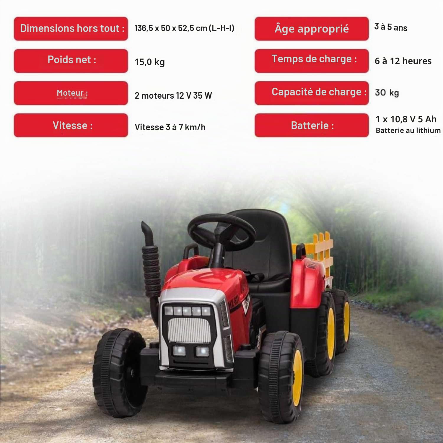 Tracteur électrique Workers avec remorque, Rouge, Traction arrière, Batterie au Lithium, Roues Plastique, siège Large, télécommande 2,4 GHz, Lecteur MP3 avec entrée USB +Bluetooth, lumières LED