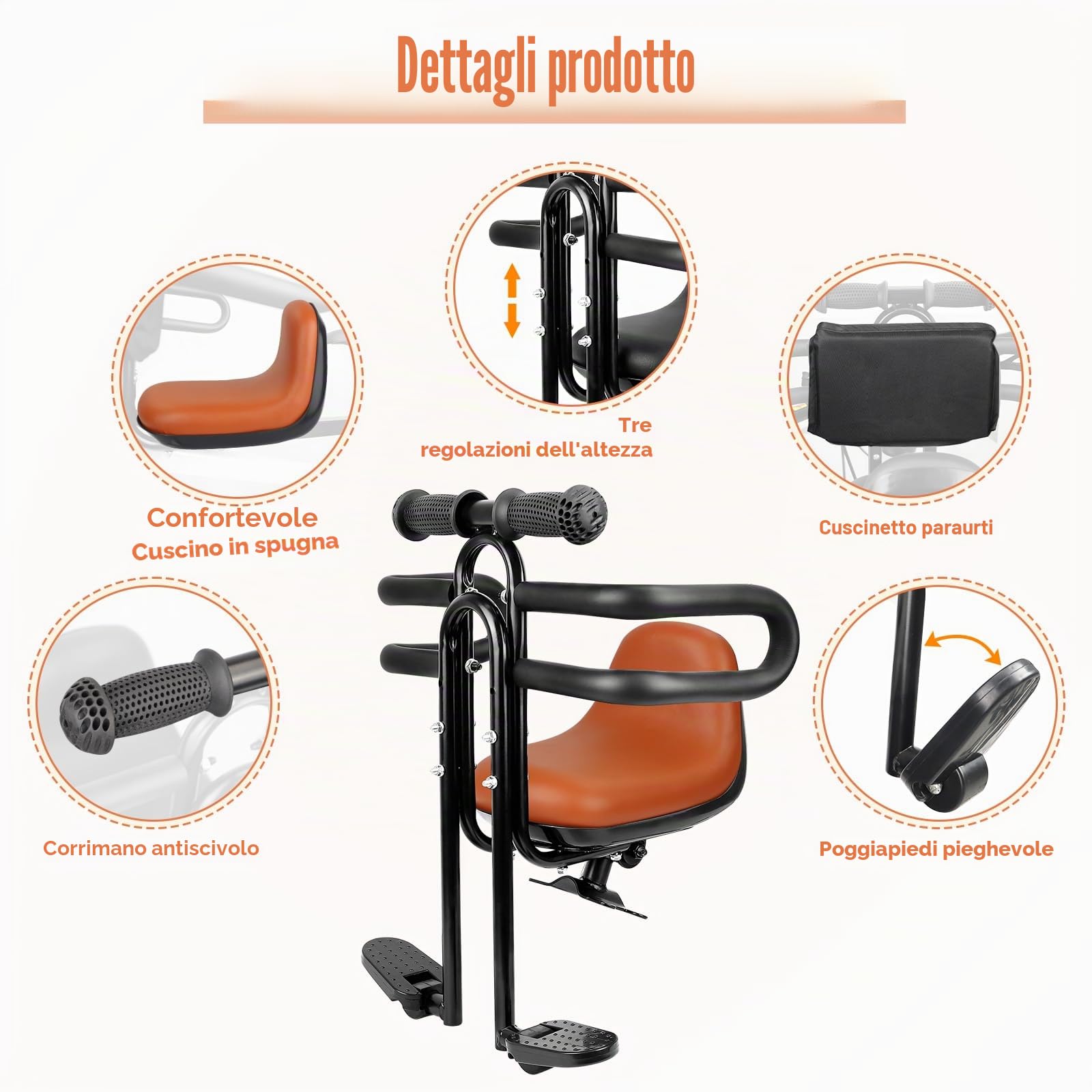 ZUKKA Seggiolino per bicicletta per bambini, supporto anteriore, seggiolino per bicicletta per bambini, con impugnatura per pedana, per adulti e bambini, seggiolino per bicicletta per bambini