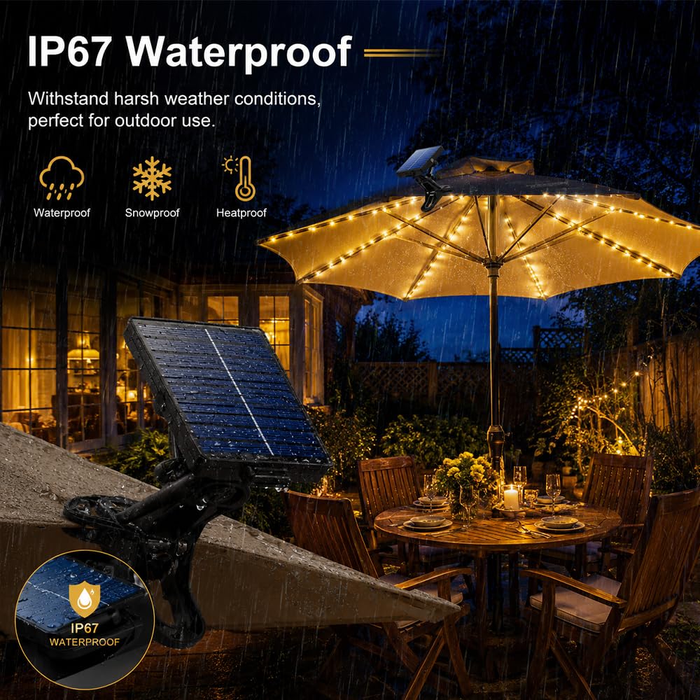 Illuminazione solare per ombrellone, con 104 LED e 8 modalità, telecomando e clip, catena luminosa impermeabile, per campeggio, tenda esterna