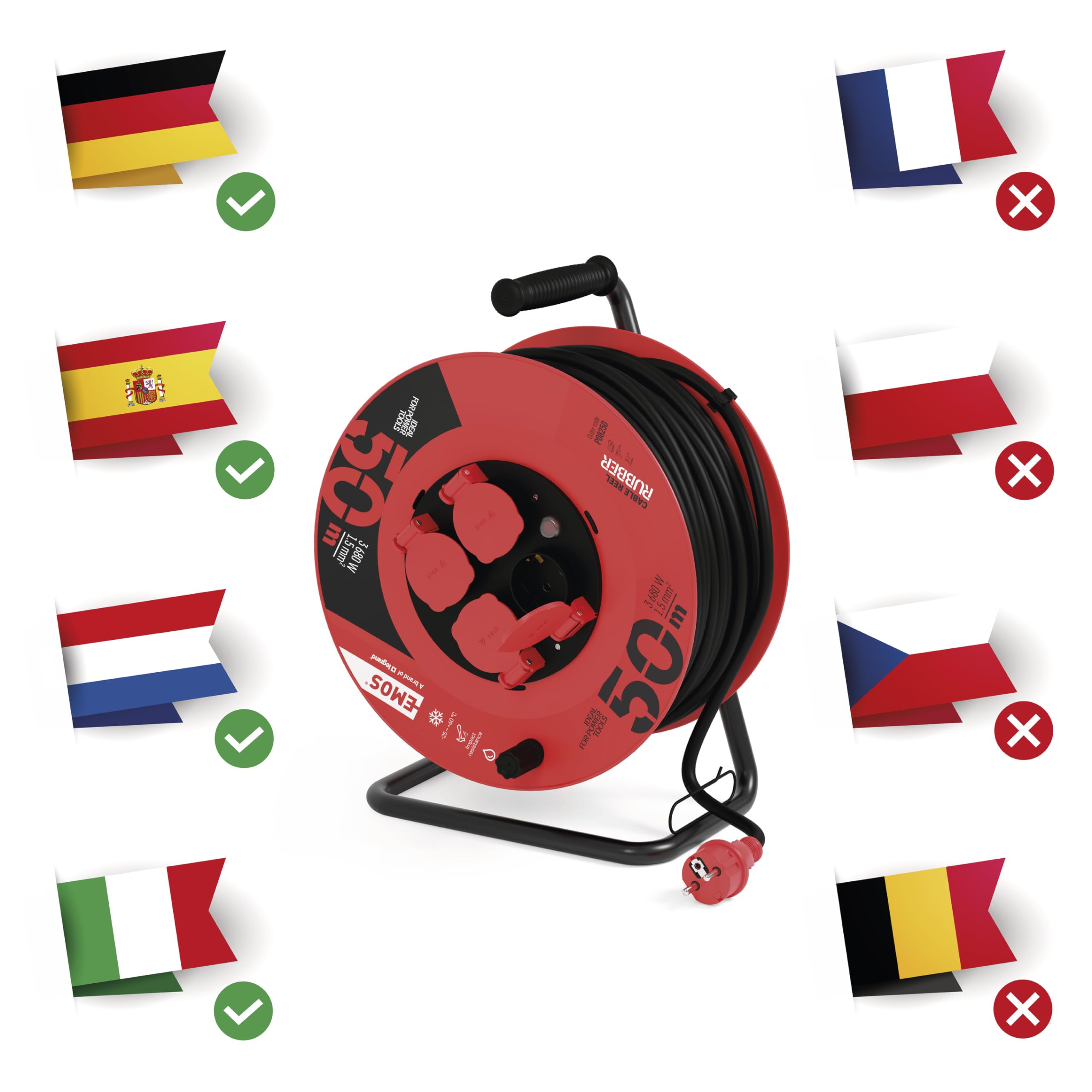 EMOS - Kabeltrommel 50m - 4 Schuko-Steckdosen - wasserdicht, schlagfest, hitze- & kältebeständig - 230V, 16A, 3680W - Gummi-Isolierung - H05RR-F3G 1,5 mm2 - IP44 für Außenbereich