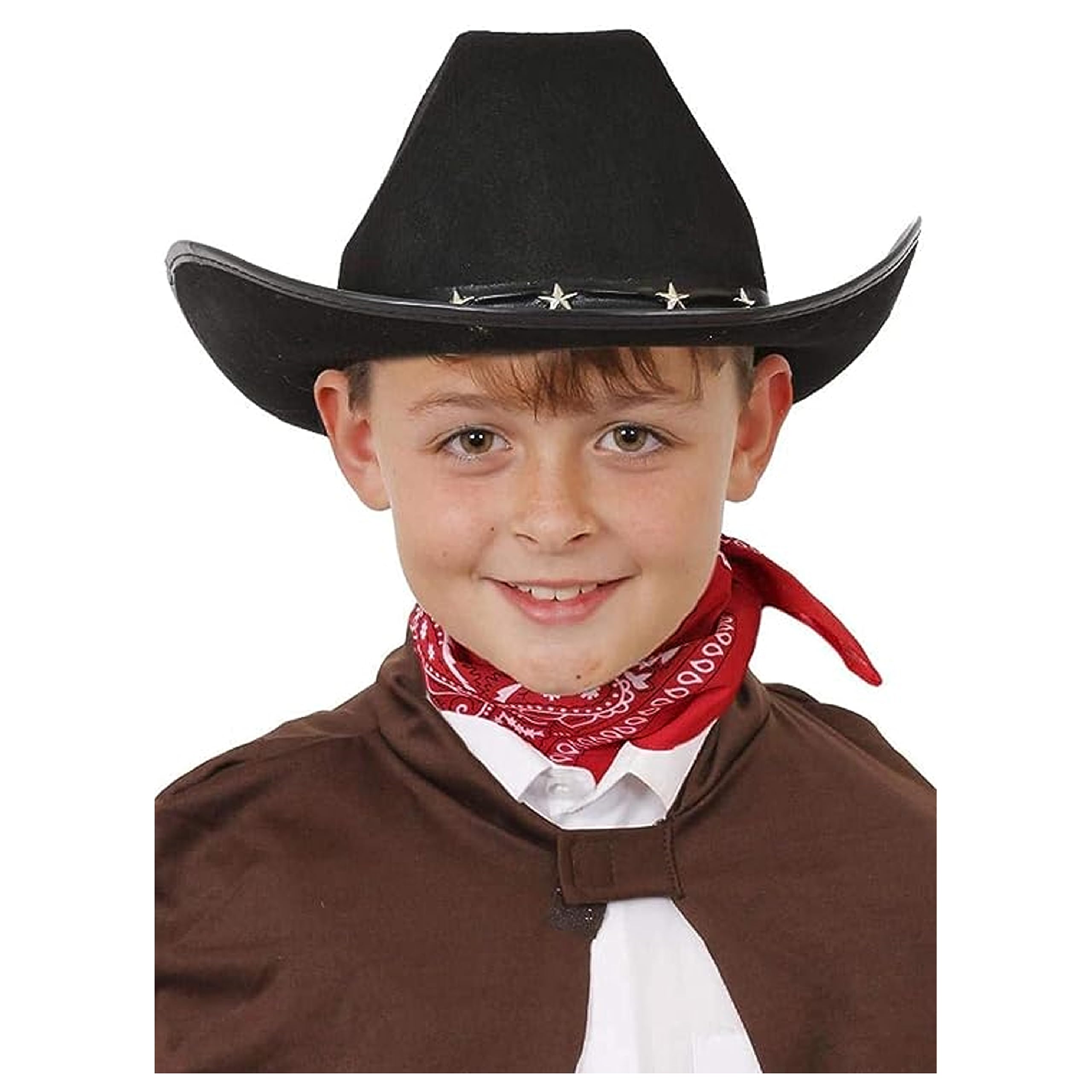 Childs Black Studded Cowboy Hat - Pack of 1 - Black Cow Boy Hat With Silver Star Studs - Boys Girls Sheriff Cowgirl Western Fancy Dress Costume Accessory