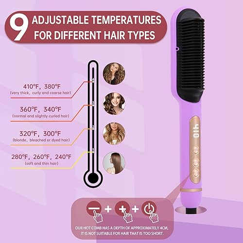 Miniatura 10 de Cepillo alisador de cabello iónico negativo con 9 ajustes de temperatura, peine alisador de cabello de calentamiento rápido de 30 segundos con