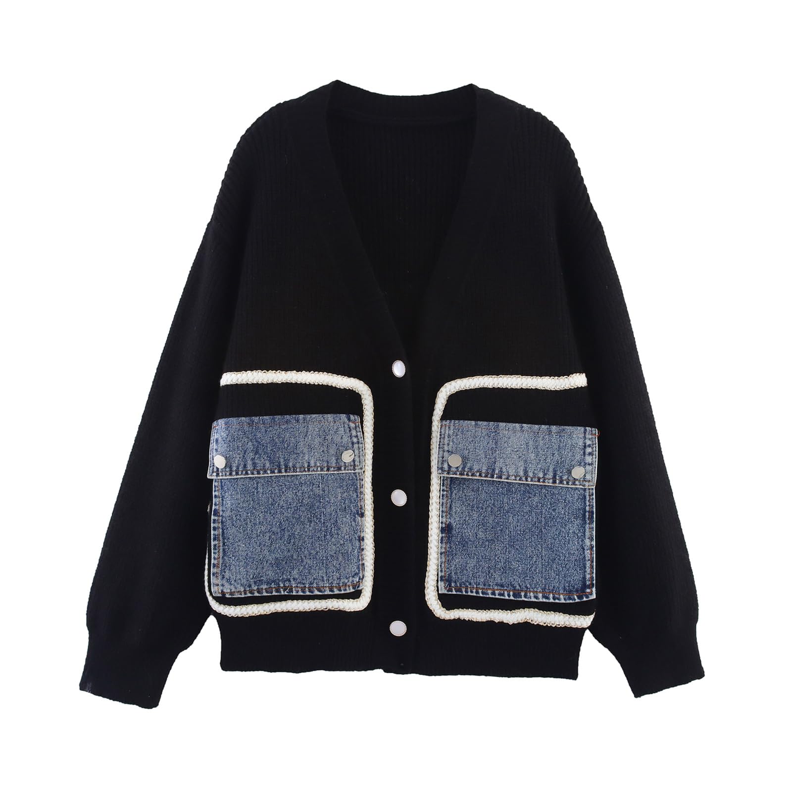 HOULENGS Womens Casual Open Front Patchwork Cardigan Sweaters Button Down V Neck Knit Sweater Jacket with Denim Pockets