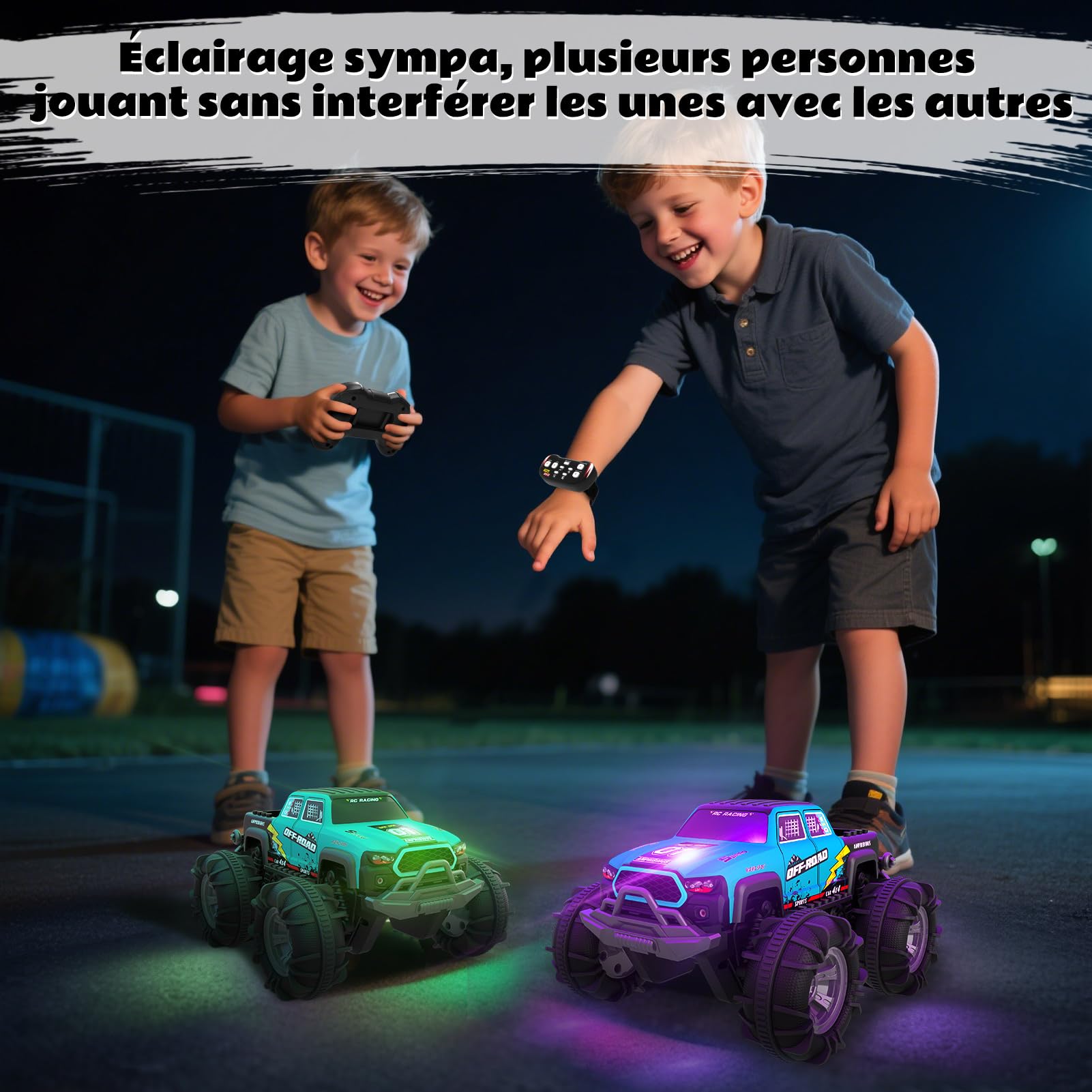 Voiture Télécommandée 4WD Amphibie – Voiture Stunt Tout-Terrain avec Capteur Gestuel, LED, 2 Batteries, Étanche, Jouet Enfant 4-12 Ans pour Sable, Eau, Jardin, Compatible Blocs de Construction