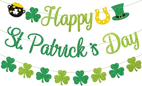 PTFNY Cartel de trébol con purpurina para el día de San Patricio, pancarta del día de San Patricio, decoración de guirnalda de trébol para