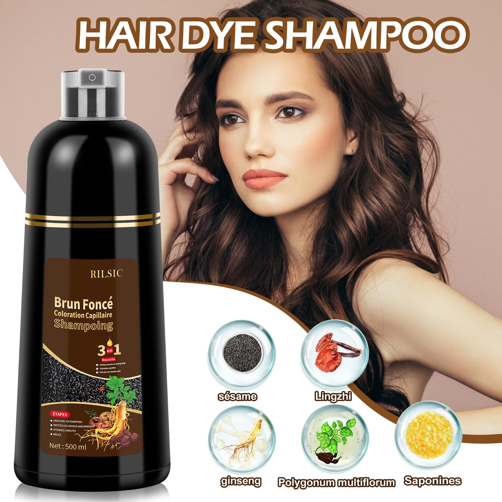Shampoing Colorant Brun foncé Hair Dye Shampoo 3 en 1,Shampooing Instantané pour Cheveux,Shampooing Colorant Cheveux Blancs,Color Shampoo pour Hommes et Femmes 500ml（Brown）