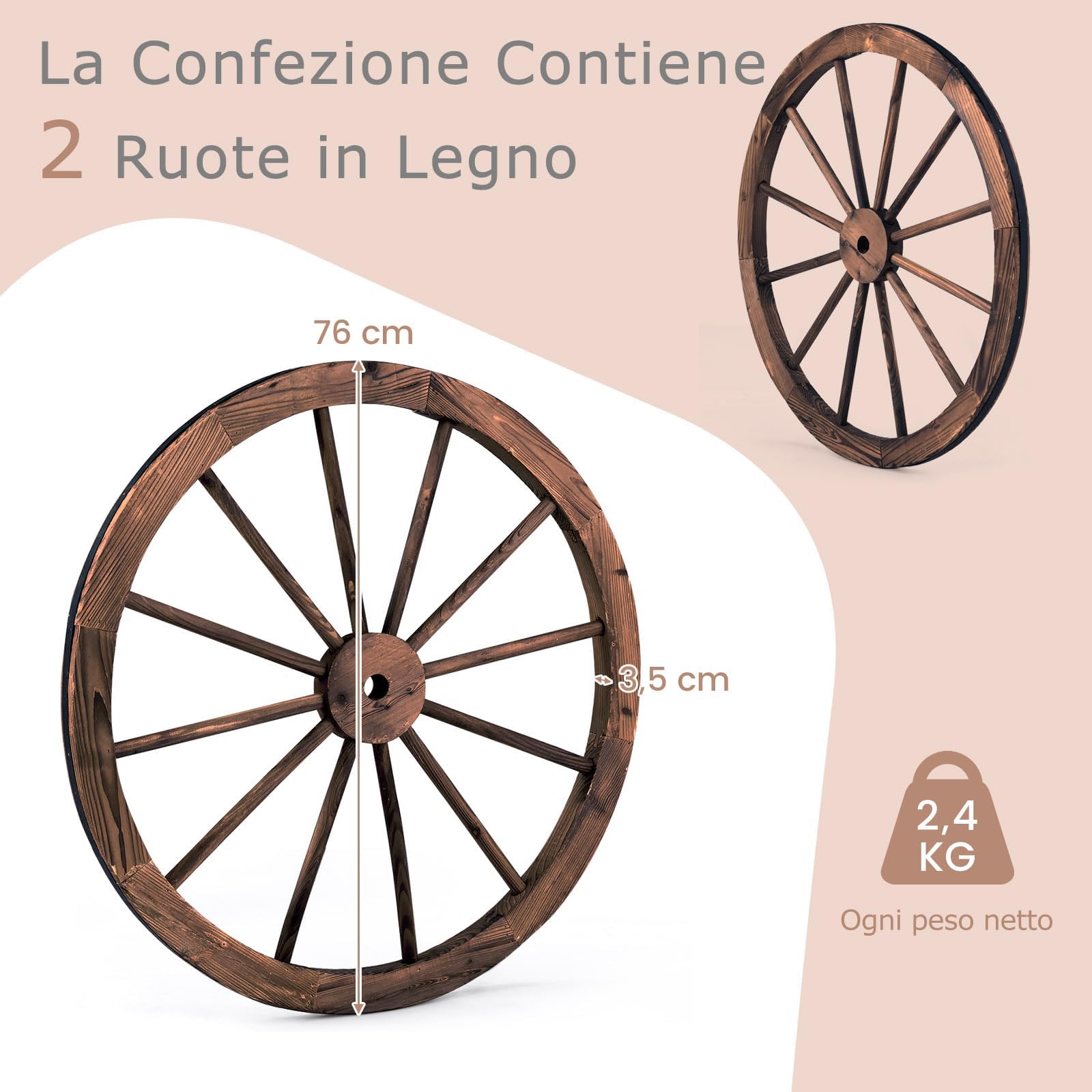 RELAX4LIFE Set di 2 Ruote Decorative per Decorazione, con Legno Massello, per Casa, Giardino, Ristorante, Marrone, 76 x 76 x 3,5 cm