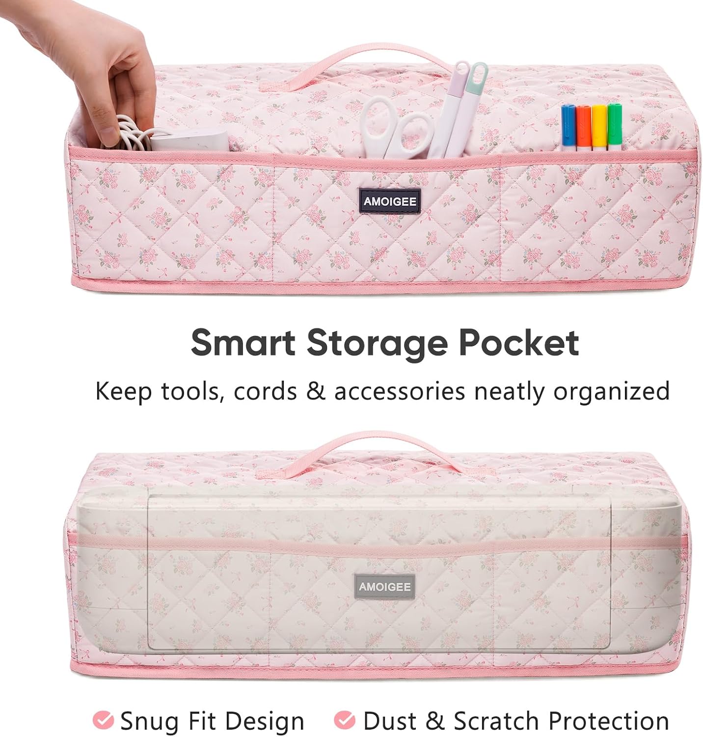 AMOIGEE Dust Cover for Latest Cutting Machine Cricuttt Explore 5, Quilted Protective Cover with Storage Pockets for Cutting Machine, Floral Fabric Anti-Dust Cover for Craft Machine Organizer