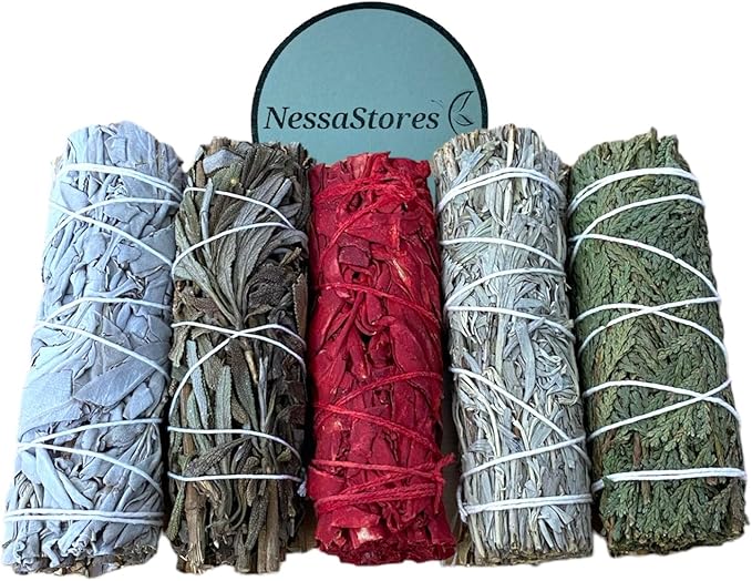 NessaStores 5 pcs Smudge Stick Sampler 1 Kit of White Sage, Black Sage, White Sage Dragon's Blood, Blue Sage, & Cedar - 4 Inch Hand Tied, All Natural, Ethically Sourced for Home Cleansing JC-209