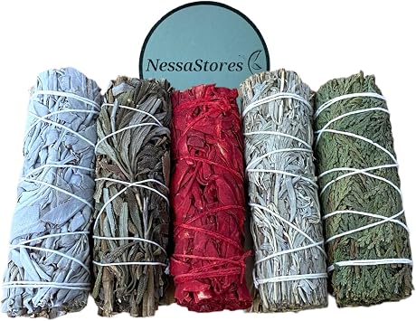 NessaStores 5 pcs Smudge Stick Sampler 1 Kit of White Sage, Black Sage, White Sage Dragons Blood, Blue Sage, Cedar - 4 Inch Hand Tied, All Natural, Ethically Sourced for Home Cleansing JC-209