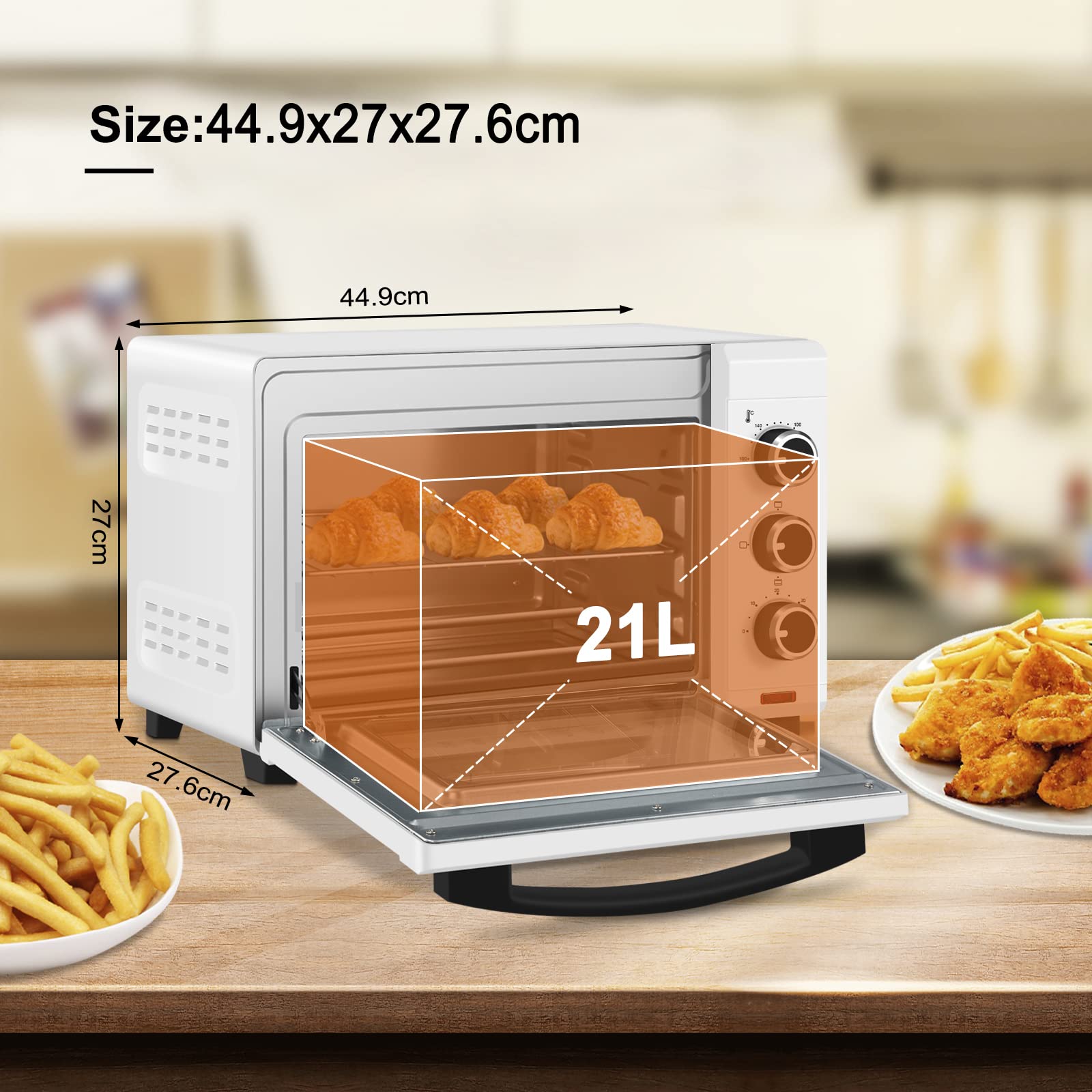 WOLTU Horno Pequeño Sobremesa 21 L, 1280 W, 100-230℃, Calor Superior e Inferior, Temporizador 0-60 Min, Blanco
