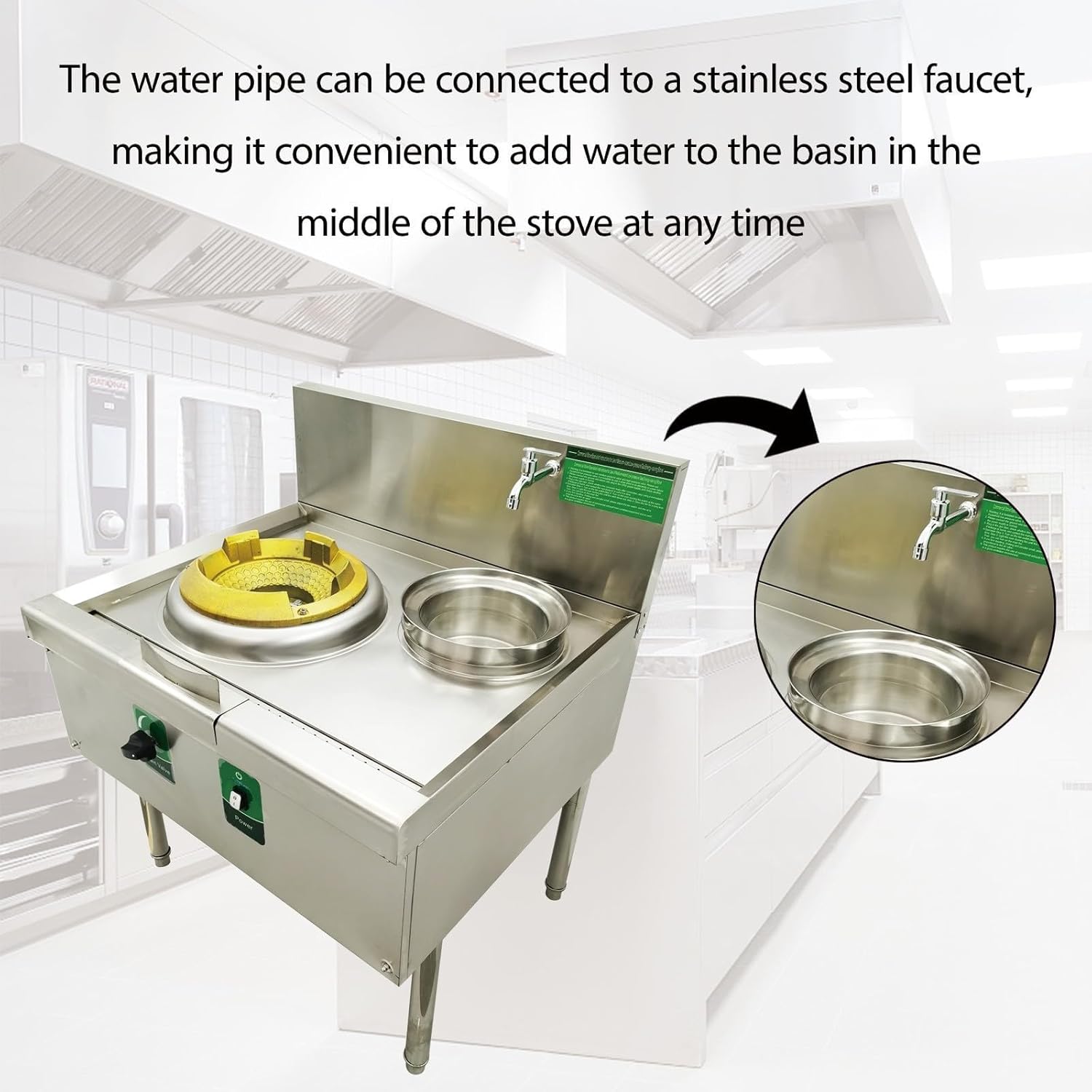 110V 15.4" Commercial Gas Wok Stove, 85300BTU Single Burner Gas Range, Stainless Steel Countertop Cooking Range with Safe Baffle and Water Basin for Restaurant