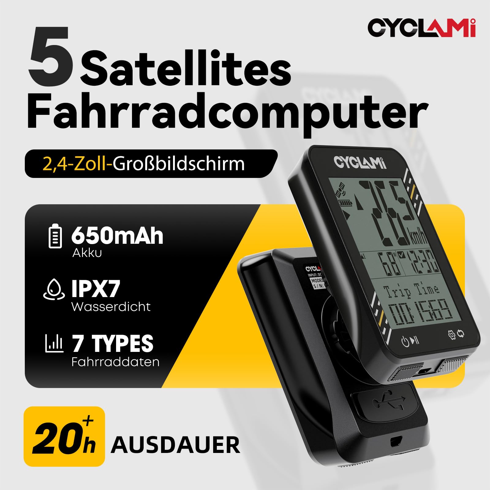 Computer da bicicletta wireless - Tachimetro GPS a 5 satelliti e contachilometri - Display da 2,4", facile da leggere anche sotto il sole - Durata della batteria 20 ore - Impermeabile IPX7