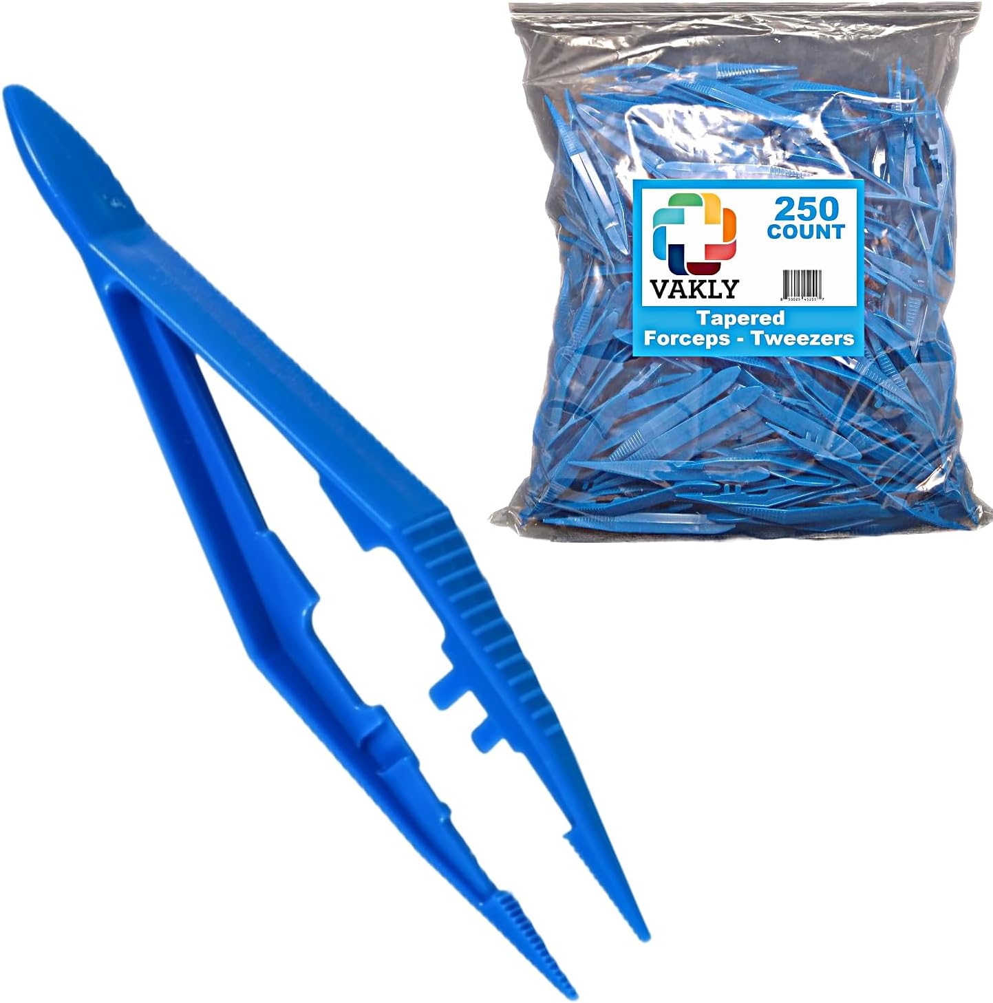 Vakly Plastic Forceps Tweezers Blue Disposable First Aid Pickup Grabbers with Finger Ridges, Serrated Tips and narrow points for Medical, Crafts, Lab and School Science Class… (250)