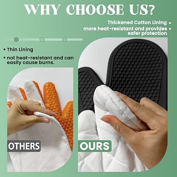 Silicone Oven Mitts Heat Resistant to 500oF - [Ultra Heat Resistant] [Thickened Liner] [Waterproof Silicone] Kitchen Oven Gloves Mittens for Cooking, 1 Pair (Black)
